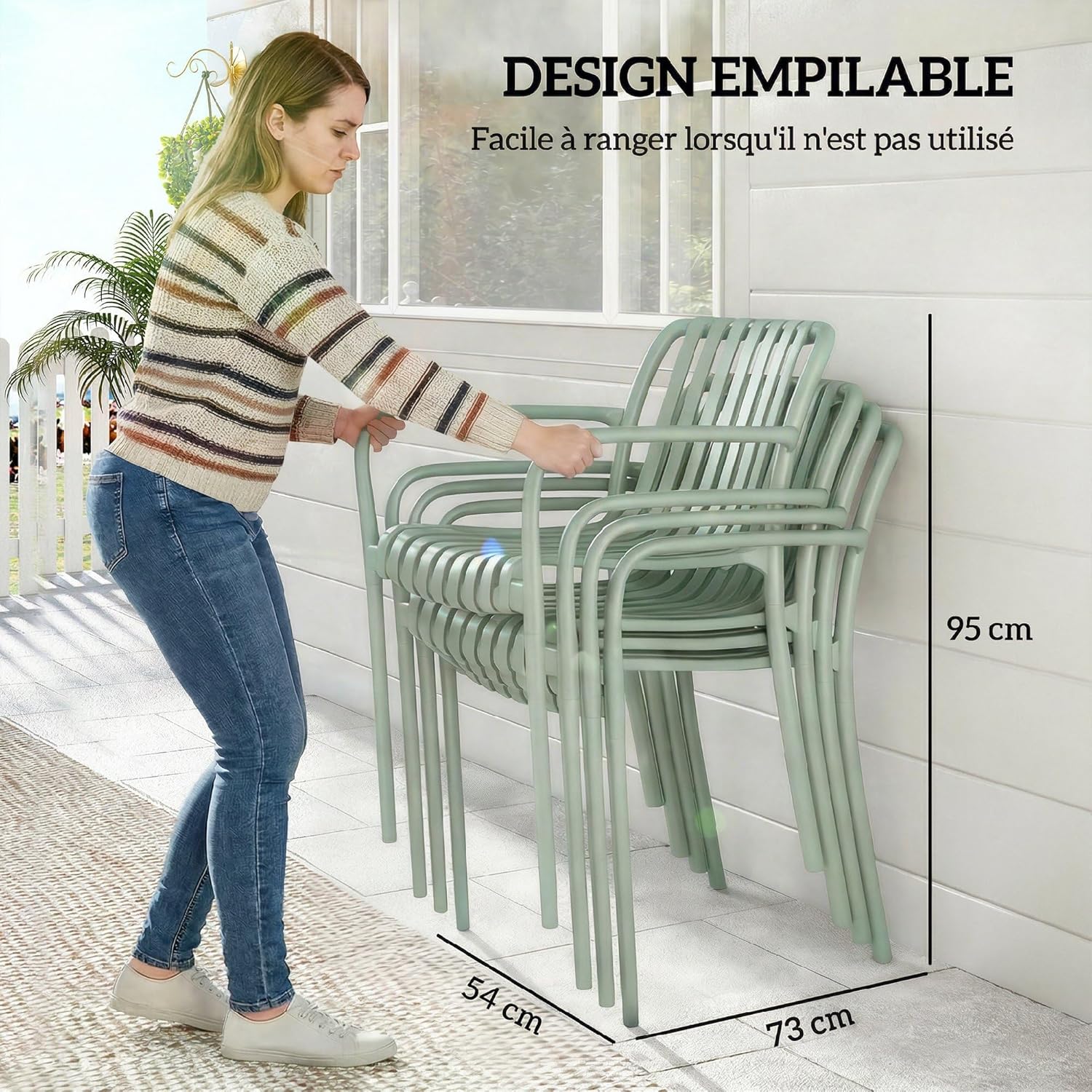 Outsunny Gartenstühle, stapelbar, aus Polypropylen, UV-Schutz, Terrassenstuhl mit Armlehnen und ergonomischer Lattenlehne, für den Außenbereich, Grau / Grün, 4 Stück — Ansicht 3