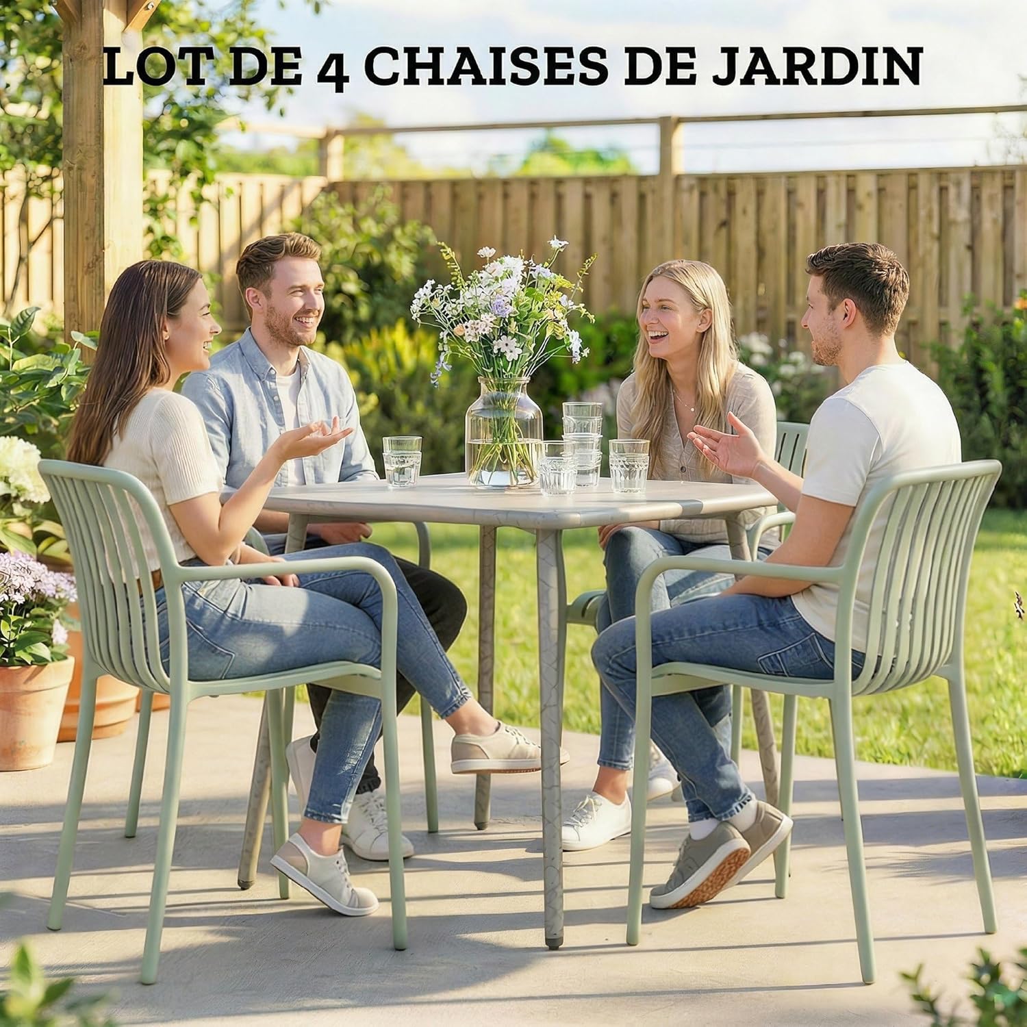 Outsunny Gartenstühle, stapelbar, aus Polypropylen, UV-Schutz, Terrassenstuhl mit Armlehnen und ergonomischer Lattenlehne, für den Außenbereich, Grau / Grün, 4 Stück — Ansicht 4