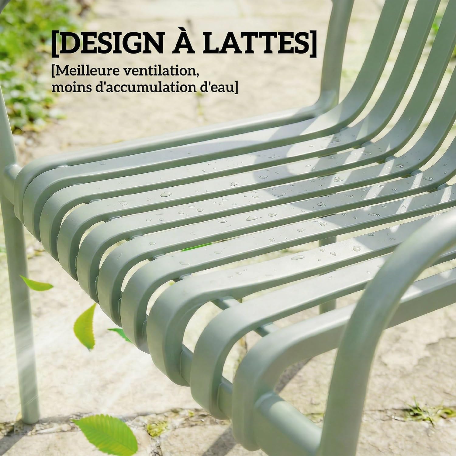 Outsunny Gartenstühle, stapelbar, aus Polypropylen, UV-Schutz, Terrassenstuhl mit Armlehnen und ergonomischer Lattenlehne, für den Außenbereich, Grau / Grün, 4 Stück — Ansicht 5
