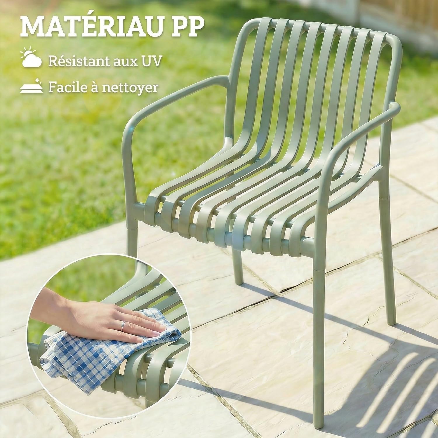 Outsunny Gartenstühle, stapelbar, aus Polypropylen, UV-Schutz, Terrassenstuhl mit Armlehnen und ergonomischer Lattenlehne, für den Außenbereich, Grau / Grün, 4 Stück — Ansicht 6