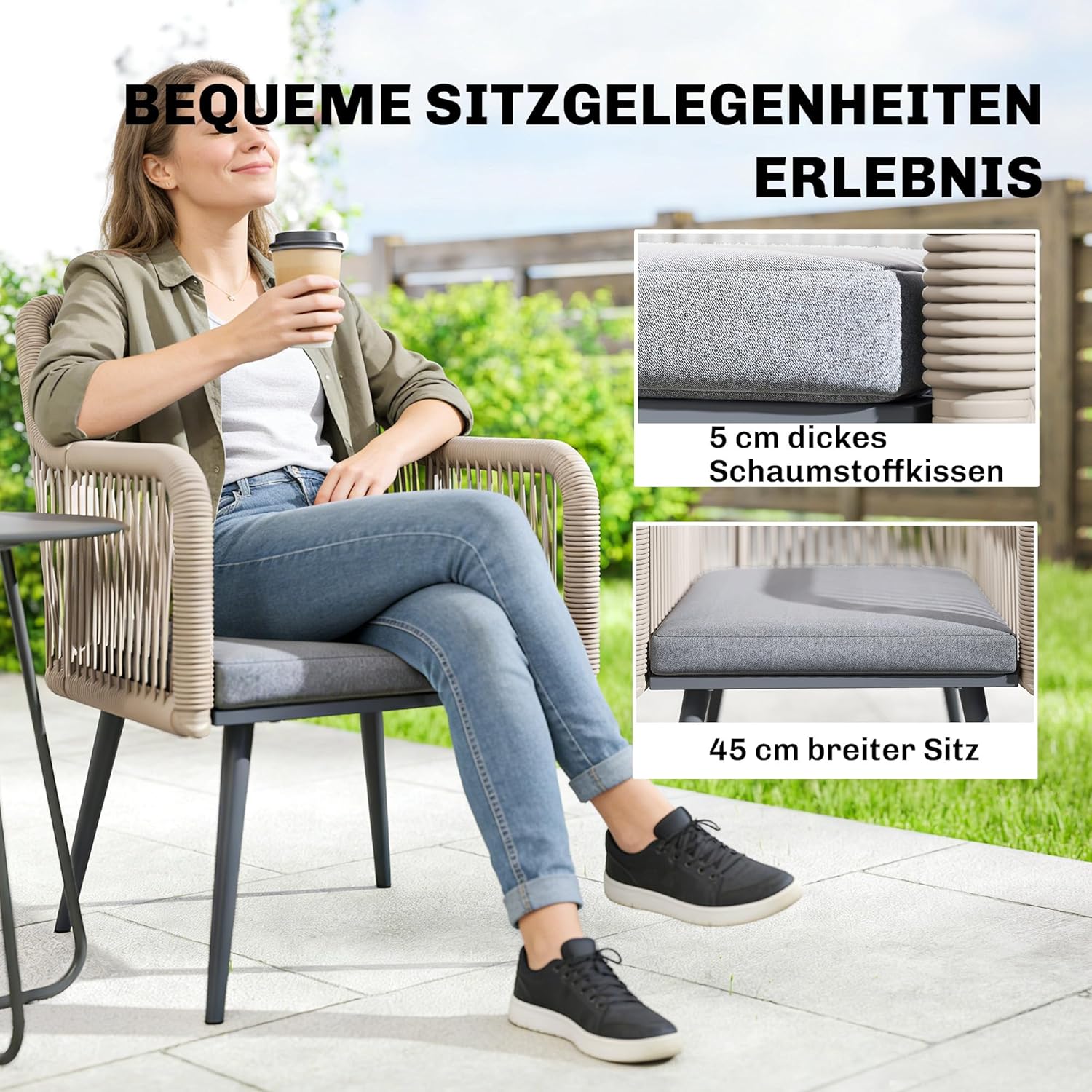 Outsunny Gartenstuhl 2er Set wetterfest Gartenstühle mit Armlehne Sitzkissen Metallrahmen Terrassenstuhl bis 120 kg belastbar Gartenmöbel für Hinterhof Garten Balkon Hellgrau — Ansicht 6