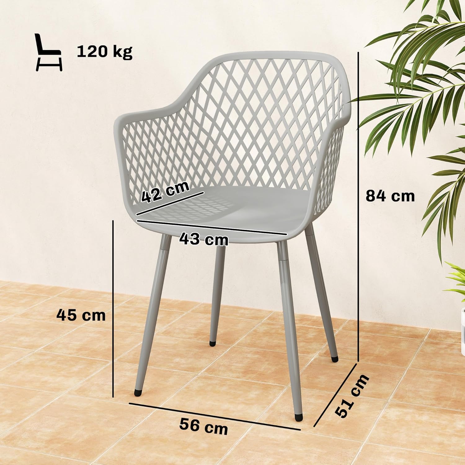 Outsunny Gartenstuhl 4er Set UV-beständige Gartenstühle aus Kunststoff mit Armlehne Rückenlehne Terrassenstuhl bis 120 kg belastbar Gartenmöbel für Hinterhof, Garten, Balkon Grau — Ansicht 3