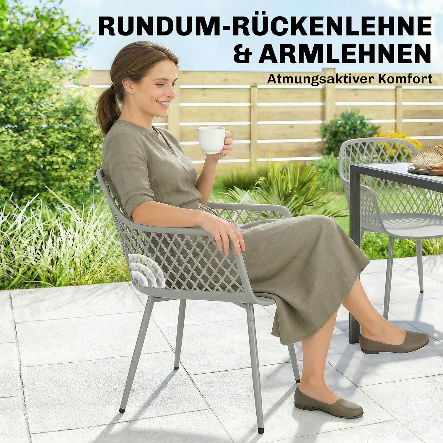 Outsunny Gartenstuhl 4er Set UV-beständige Gartenstühle aus Kunststoff mit Armlehne Rückenlehne Terrassenstuhl bis 120 kg belastbar Gartenmöbel für Hinterhof, Garten, Balkon Grau — Ansicht 6