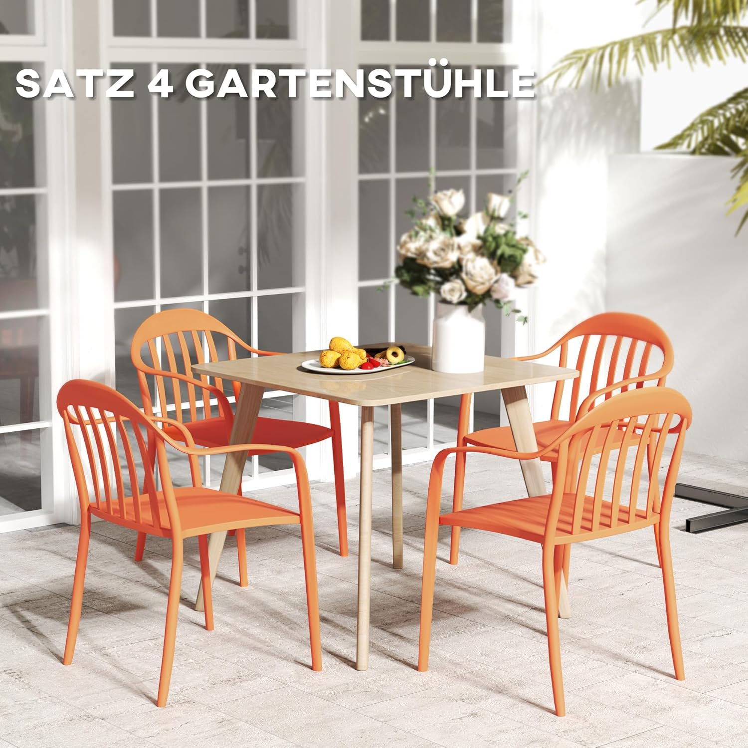 Outsunny Gartenstuhl 4er Set wetterfest Gartenstühle aus Kunststoff Stapelstuhl mit Armlehne Rückenlehne stapelbar Terrassenstuhl bis 120 kg belastbar Gartenmöbel für Hinterhof, Garten, Balkon Rot — Ansicht 4