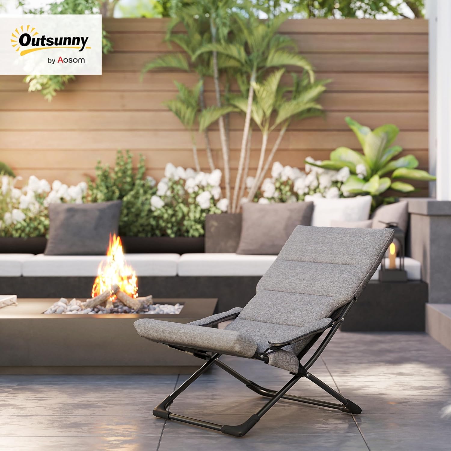 Outsunny Gartenstuhl aus Metall Klappstuhl mit Auflage abnehmbar wetterfest klappbar Campingstuhl Liegestuhl 120kg Belastbarkeit Sitzmöbel für Garten Terrasse Balkon 66B x 94T x 79H cm Grau — Ansicht 2