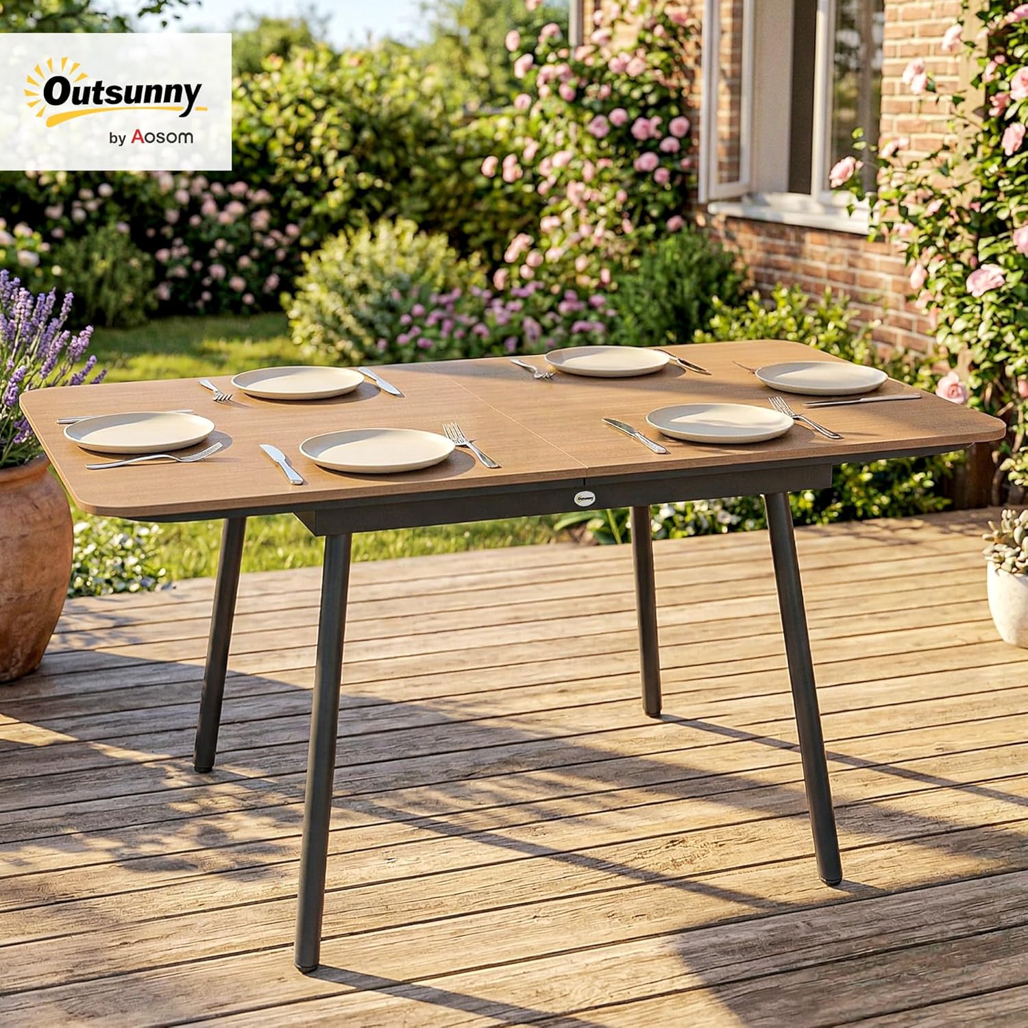 Outsunny Gartentisch 140 x 80 cm für 6 Personen rostbeständig Outdoor Esstisch mit WPC-Tischplatte Holzoptik Verstellbare Füße, Rechteckiger Terrassentisch Balkontisch für Garten Balkon Terrasse Teak — Ansicht 2