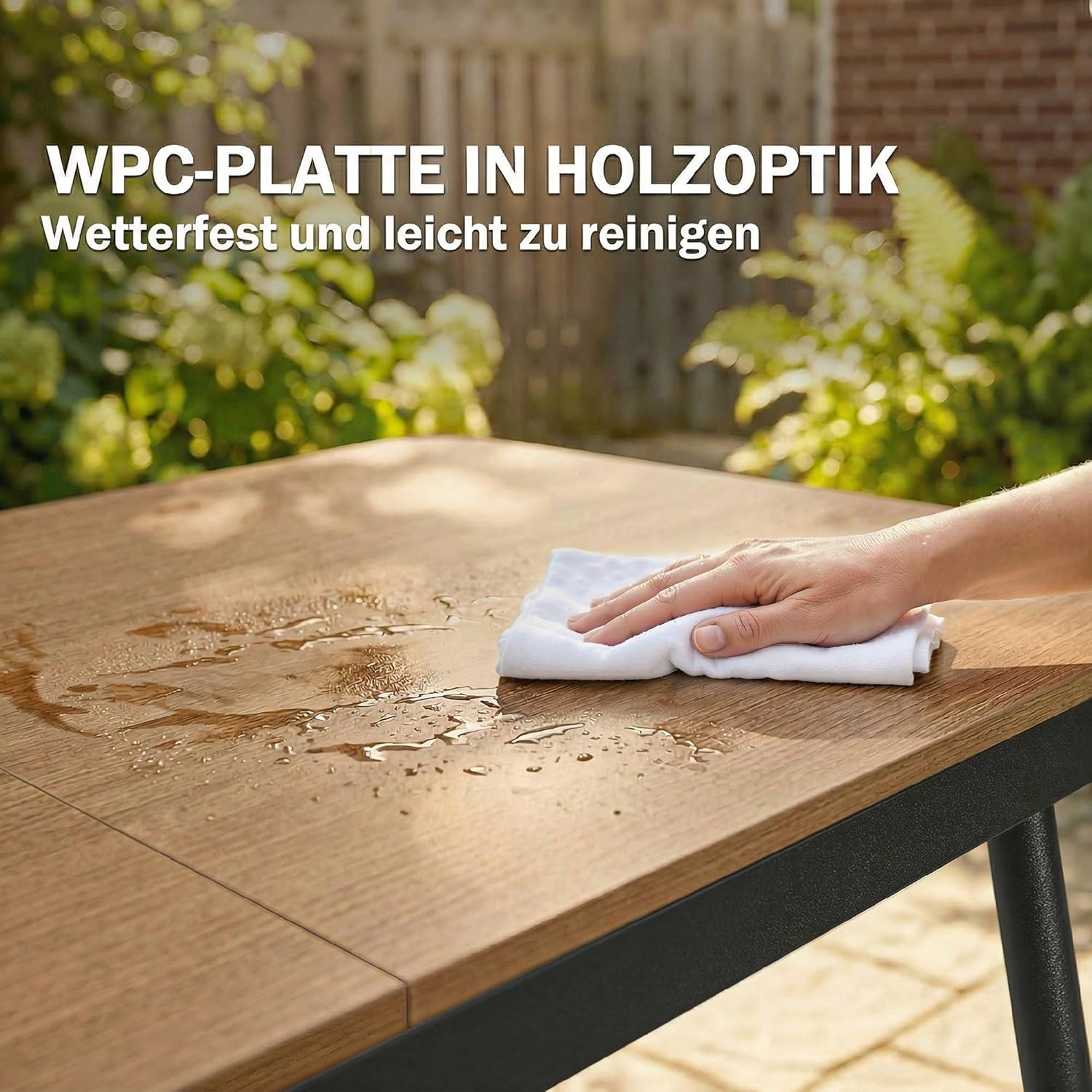 Outsunny Gartentisch 140 x 80 cm für 6 Personen rostbeständig Outdoor Esstisch mit WPC-Tischplatte Holzoptik Verstellbare Füße, Rechteckiger Terrassentisch Balkontisch für Garten Balkon Terrasse Teak — Ansicht 5