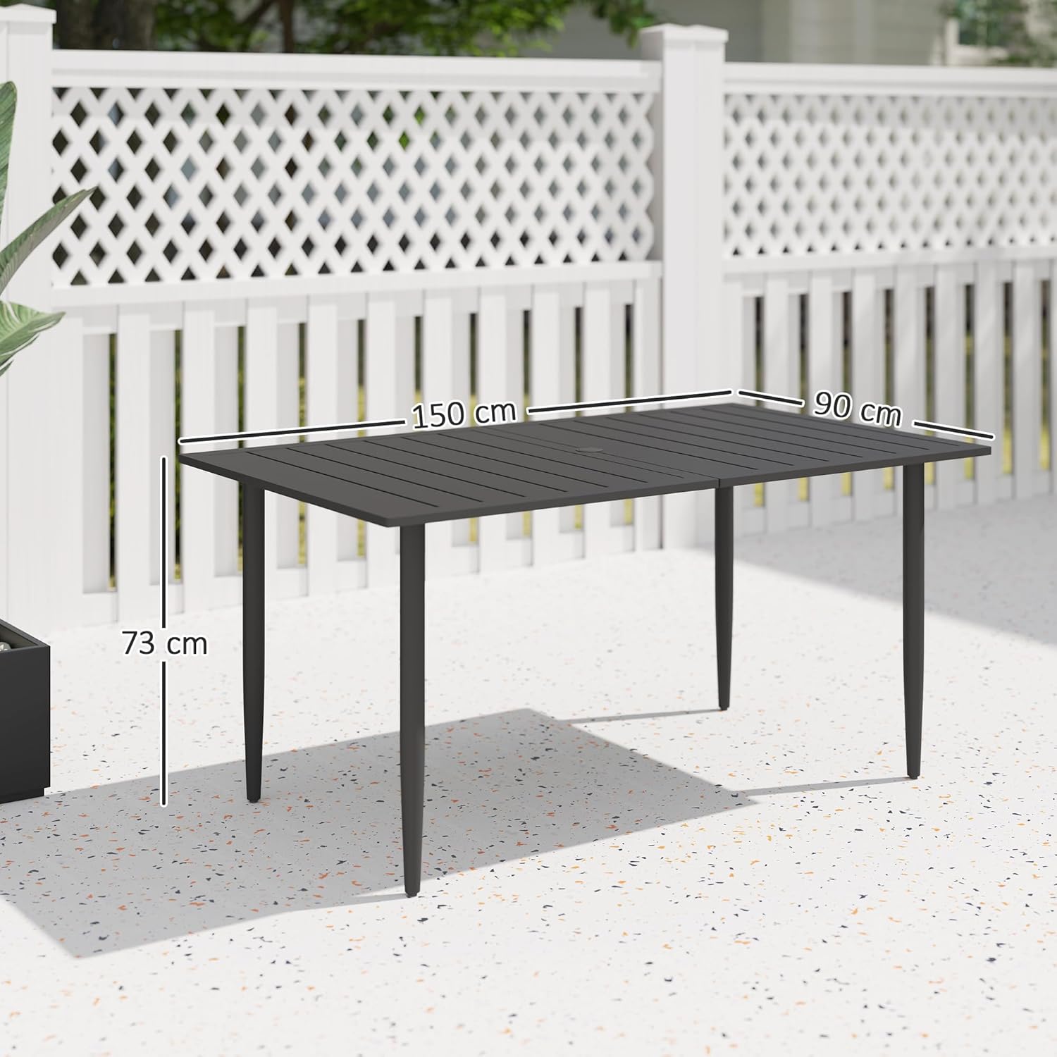 Outsunny Gartentisch 150x90cm, Wetterfest Balkontisch aus Stahl, Balkontisch mit Schirmloch Lamellendesign Outdoor Campingtisch Beistelltisch, rechteckig Terrassentisch für Garten Balkon Schwarz — Ansicht 3