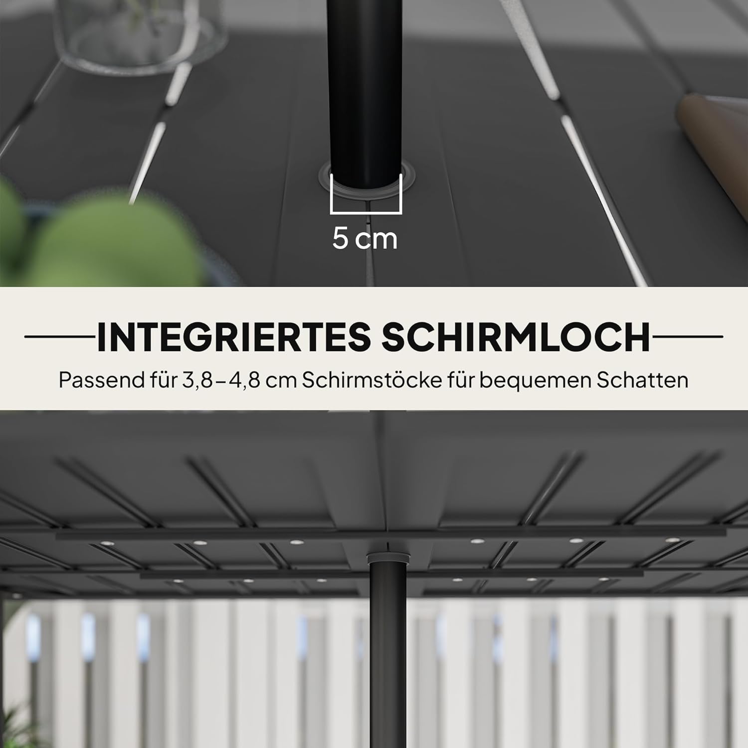 Outsunny Gartentisch 150x90cm, Wetterfest Balkontisch aus Stahl, Balkontisch mit Schirmloch Lamellendesign Outdoor Campingtisch Beistelltisch, rechteckig Terrassentisch für Garten Balkon Schwarz — Ansicht 5