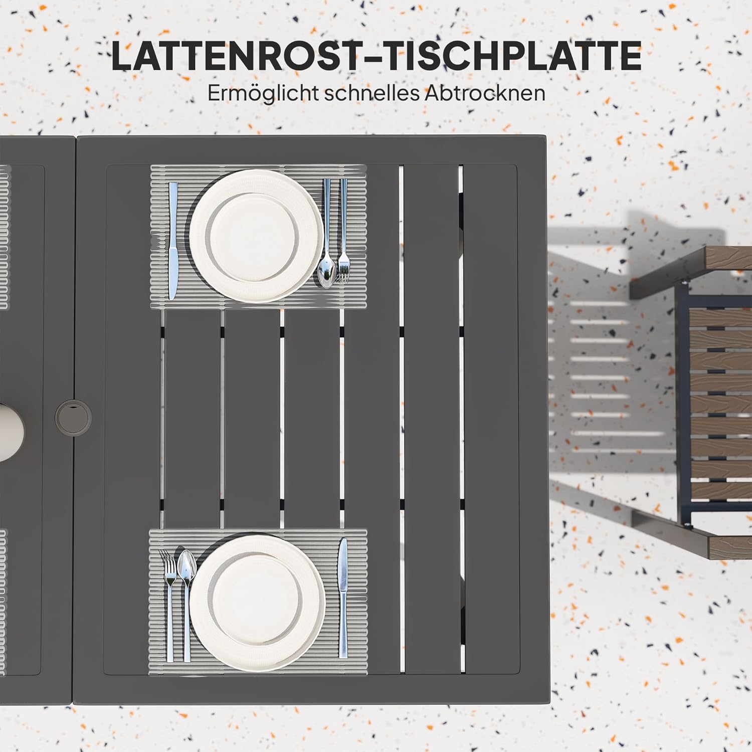 Outsunny Gartentisch 150x90cm, Wetterfest Balkontisch aus Stahl, Balkontisch mit Schirmloch Lamellendesign Outdoor Campingtisch Beistelltisch, rechteckig Terrassentisch für Garten Balkon Schwarz — Ansicht 6