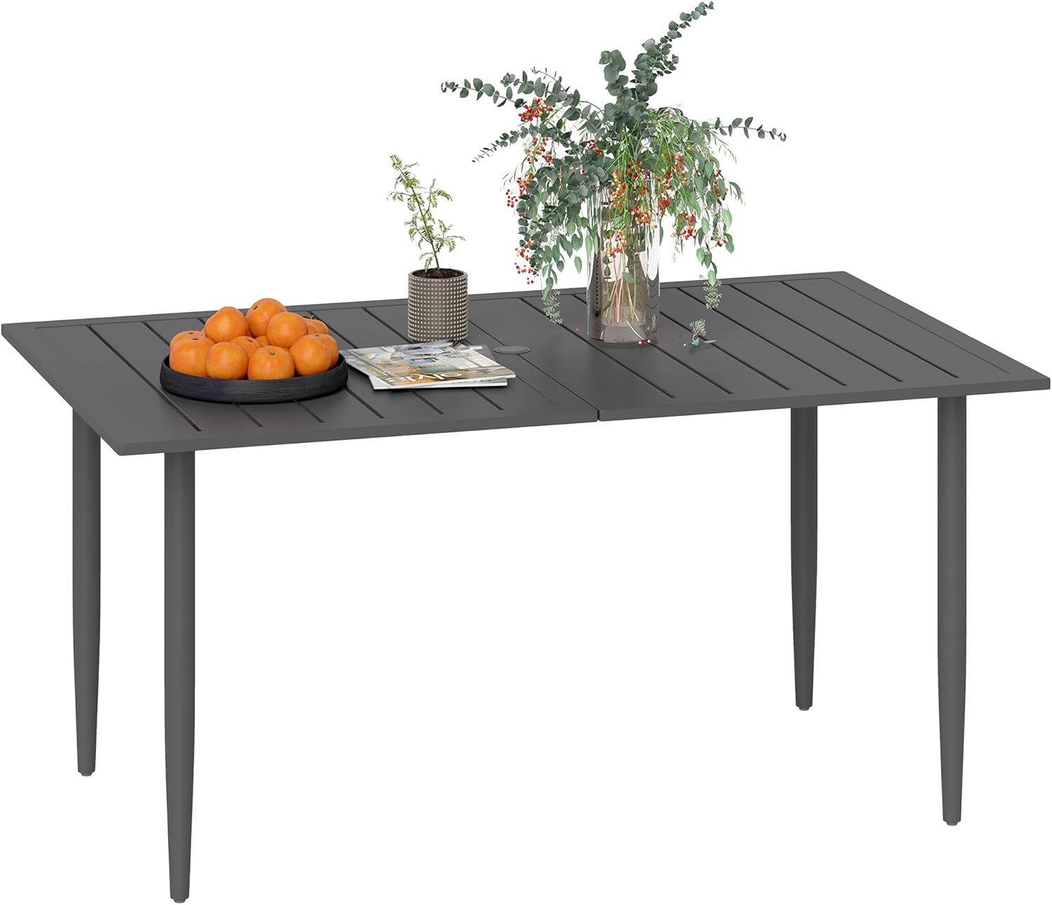 Outsunny Gartentisch 150x90cm, Wetterfest Balkontisch aus Stahl, Balkontisch mit Schirmloch Lamellendesign Outdoor Campingtisch Beistelltisch, rechteckig Terrassentisch für Garten Balkon Schwarz