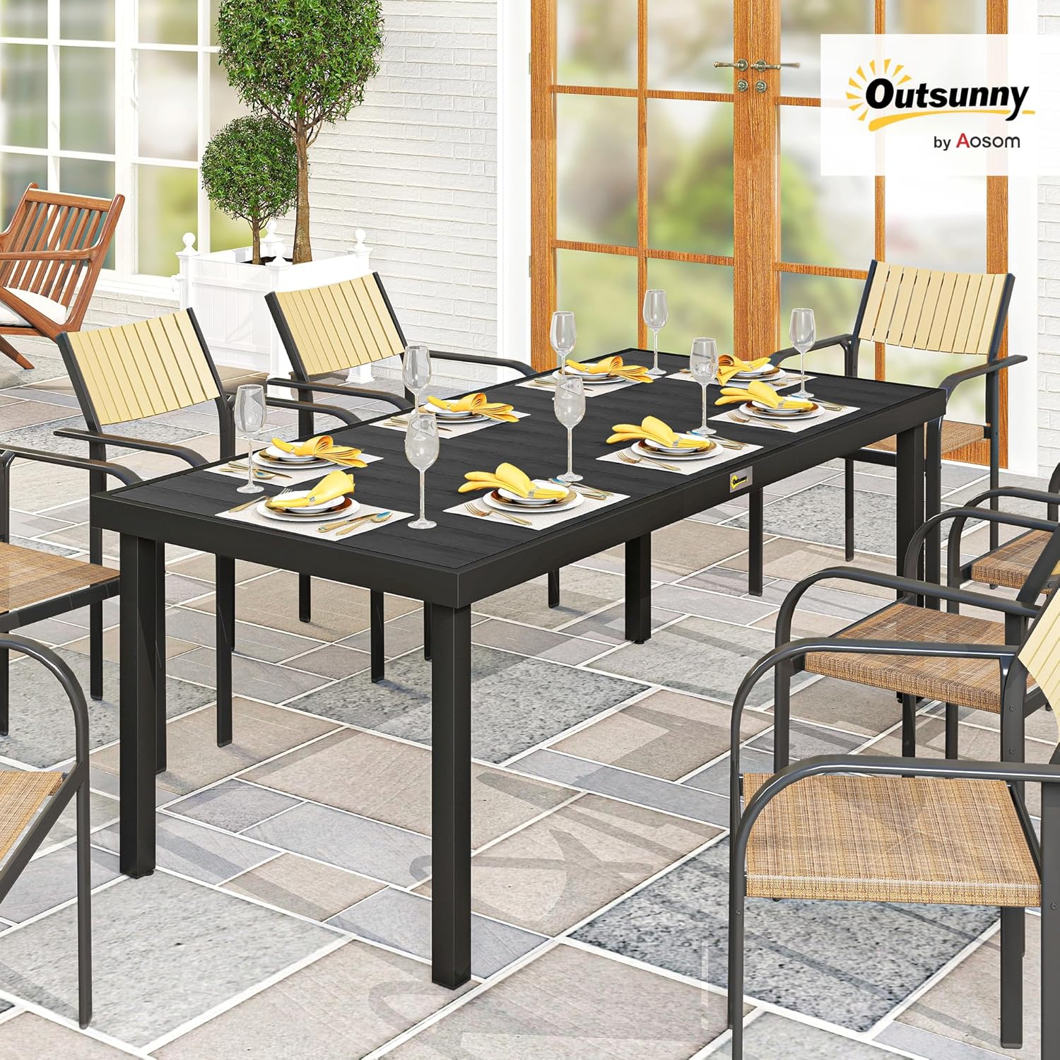 Outsunny Gartentisch Aluminium 190x90 cm Wetterfest Buffettisch mit Holz-Optik, rutschfest Campingtisch für 8 Personen Balkontisch Terrassentisch Outdoor Esstisch für Garten, Terrasse Balkon Schwarz — Ansicht 2
