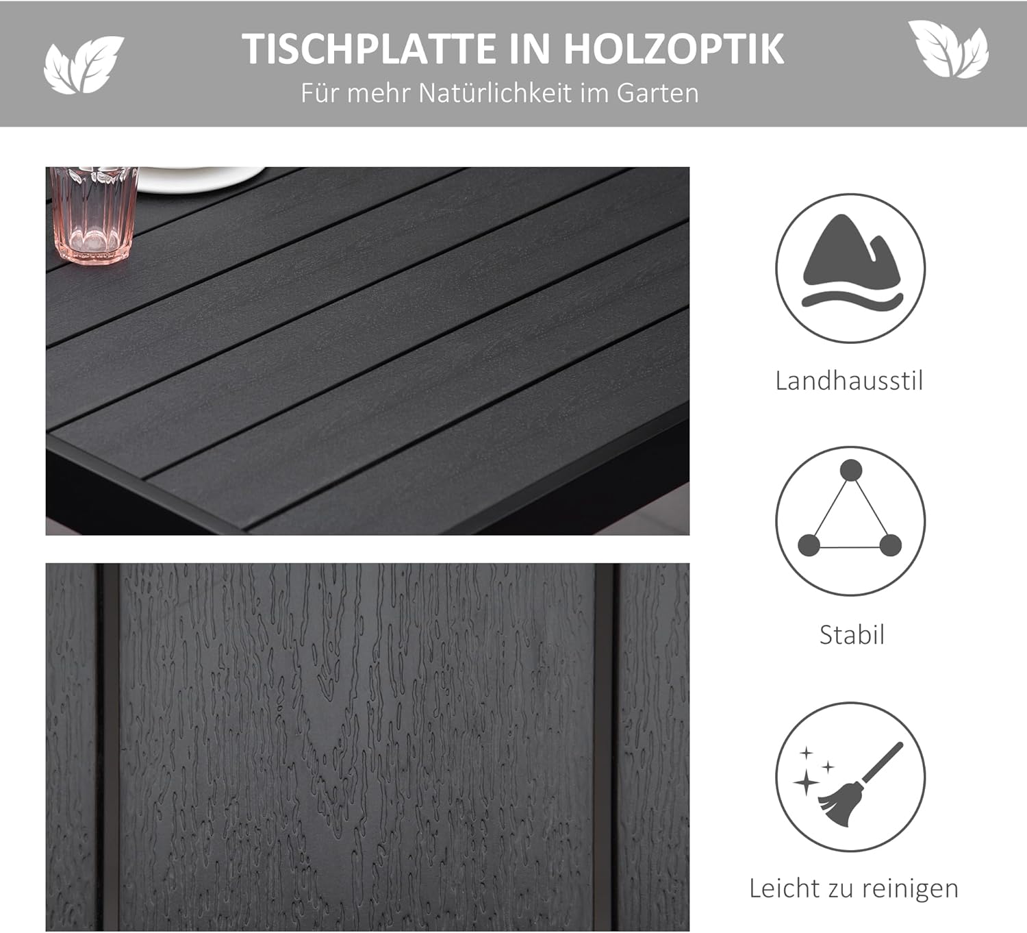 Outsunny Gartentisch Aluminium 190x90 cm Wetterfest Buffettisch mit Holz-Optik, rutschfest Campingtisch für 8 Personen Balkontisch Terrassentisch Outdoor Esstisch für Garten, Terrasse Balkon Schwarz — Ansicht 4