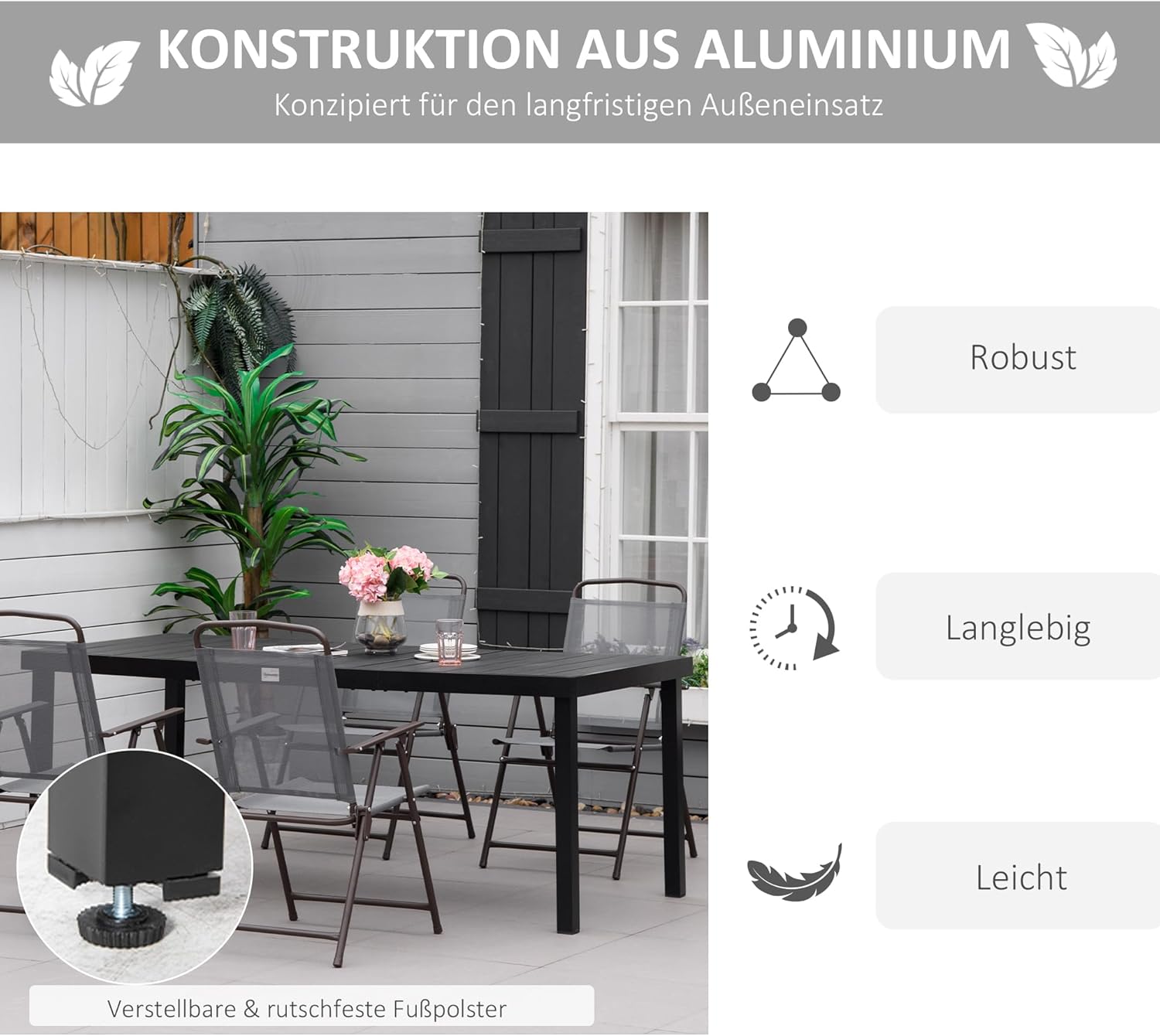Outsunny Gartentisch Aluminium 190x90 cm Wetterfest Buffettisch mit Holz-Optik, rutschfest Campingtisch für 8 Personen Balkontisch Terrassentisch Outdoor Esstisch für Garten, Terrasse Balkon Schwarz — Ansicht 5