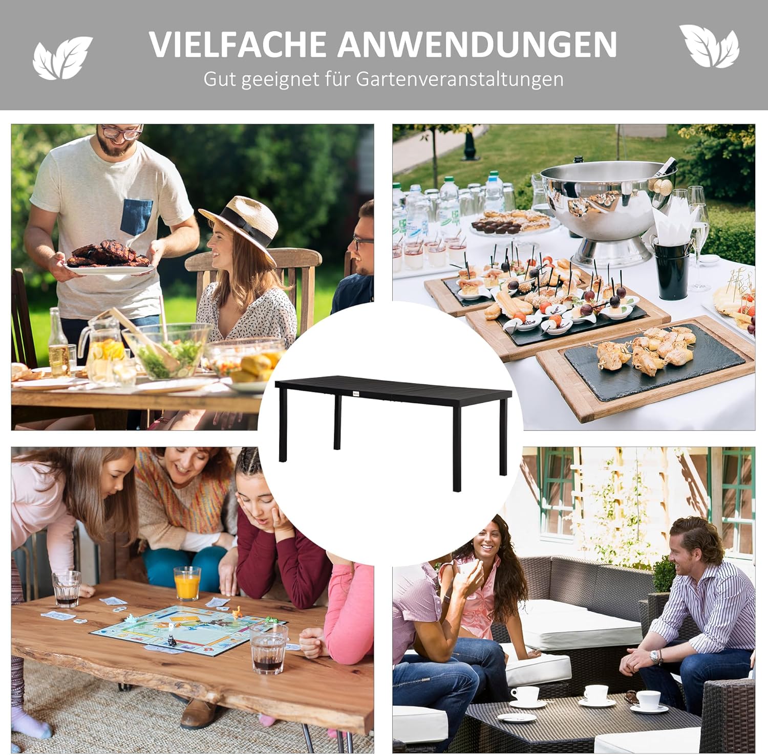 Outsunny Gartentisch Aluminium 190x90 cm Wetterfest Buffettisch mit Holz-Optik, rutschfest Campingtisch für 8 Personen Balkontisch Terrassentisch Outdoor Esstisch für Garten, Terrasse Balkon Schwarz — Ansicht 6