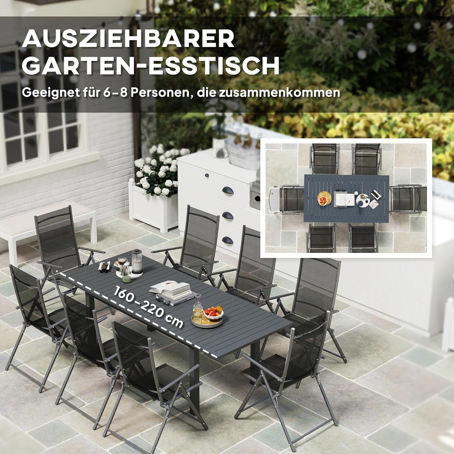 Outsunny Gartentisch Ausziehbar Aluminium Balkontisch 160/220x90 cm Wetterfest Ausziehbar Buffettisch für 6-8 Personen, Outdoor Esstisch für Garten, Terrasse Balkon Grau — Ansicht 4
