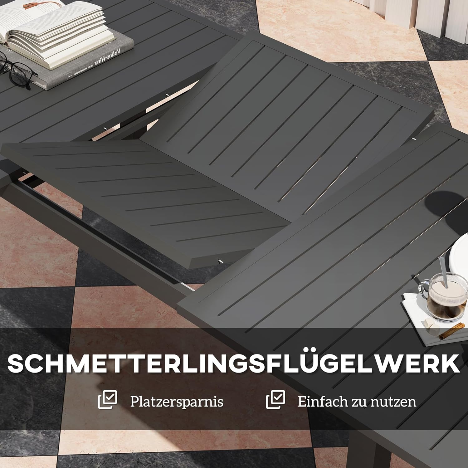 Outsunny Gartentisch Ausziehbar Aluminium Balkontisch 160/220x90 cm Wetterfest Ausziehbar Buffettisch für 6-8 Personen, Outdoor Esstisch für Garten, Terrasse Balkon Grau — Ansicht 5