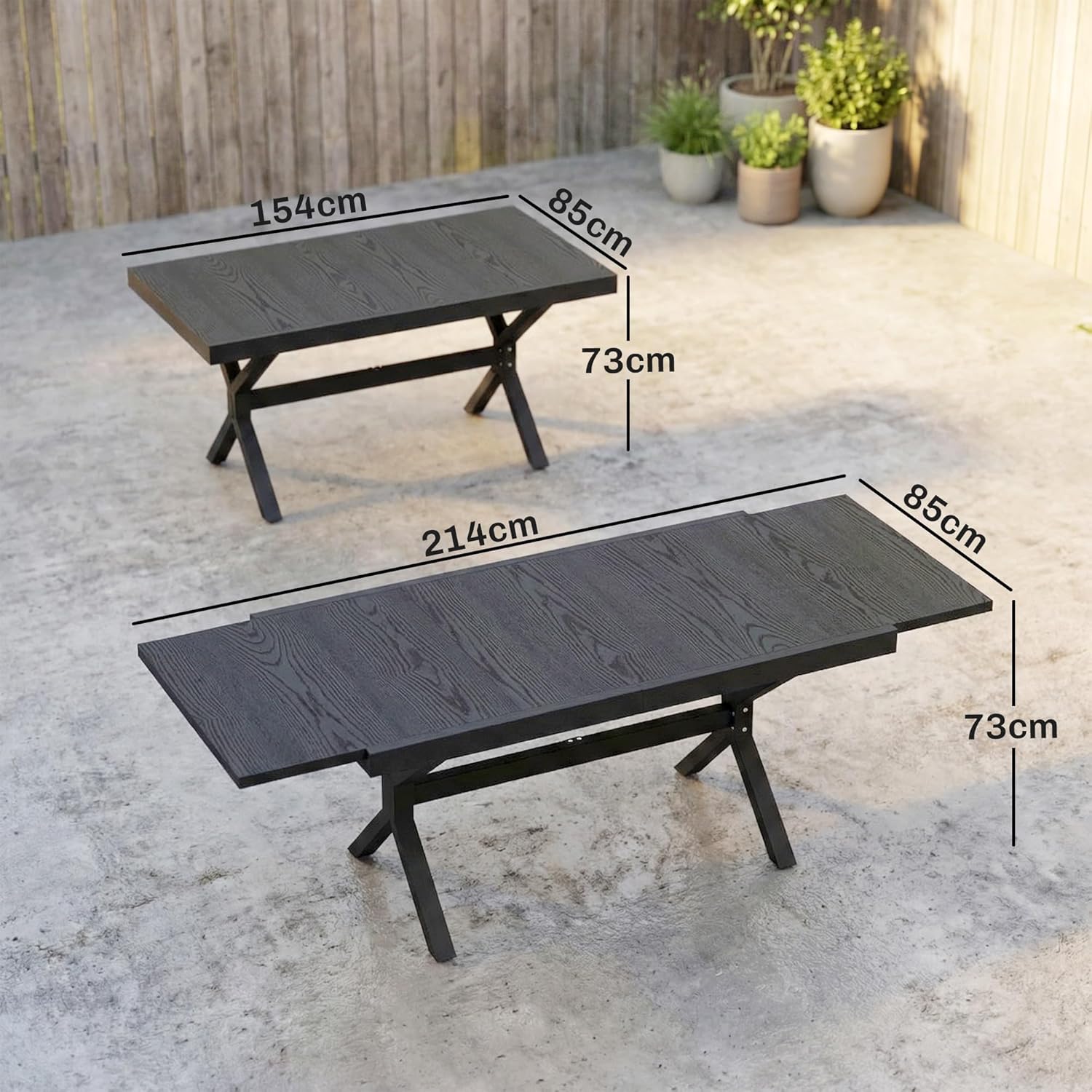 Outsunny Gartentisch, ausziehbar, Aluminium, Holzoptik, 154 – 214 cm, Esstisch, für 8 – 10 Personen, mit verstellbaren Füßen und robuster X-Struktur für Garten und Terrasse, Anthrazitgrau — Ansicht 3