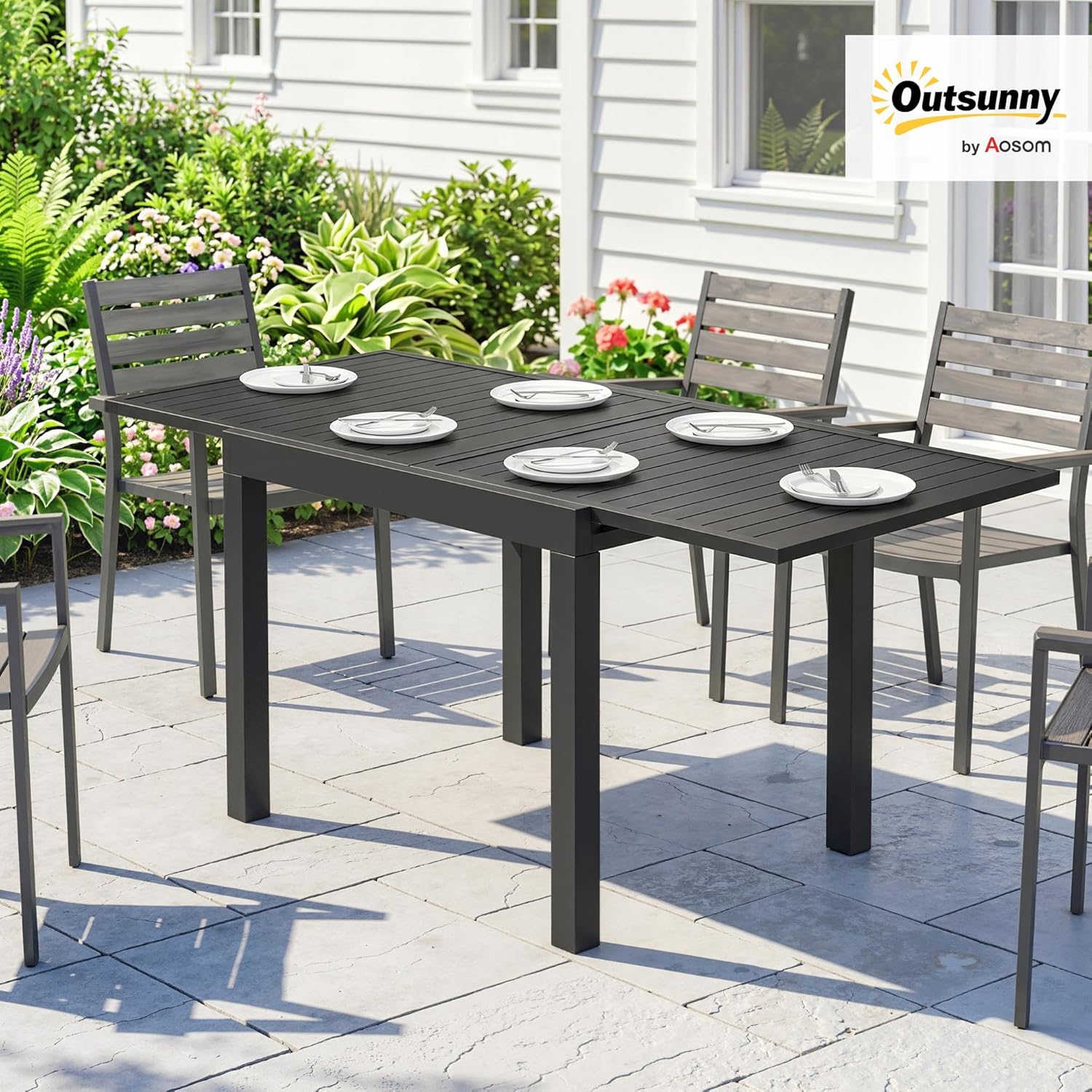 Outsunny Gartentisch Ausziehbarer 80/160 x 80 cm Aluminium Esstisch für 4-6 Personen, Rechteckiger Balkontisch mit Lamellenplatte, Wetterfest Terrassentisch für Garten, Balkon Terrasse Schwarz — Ansicht 2