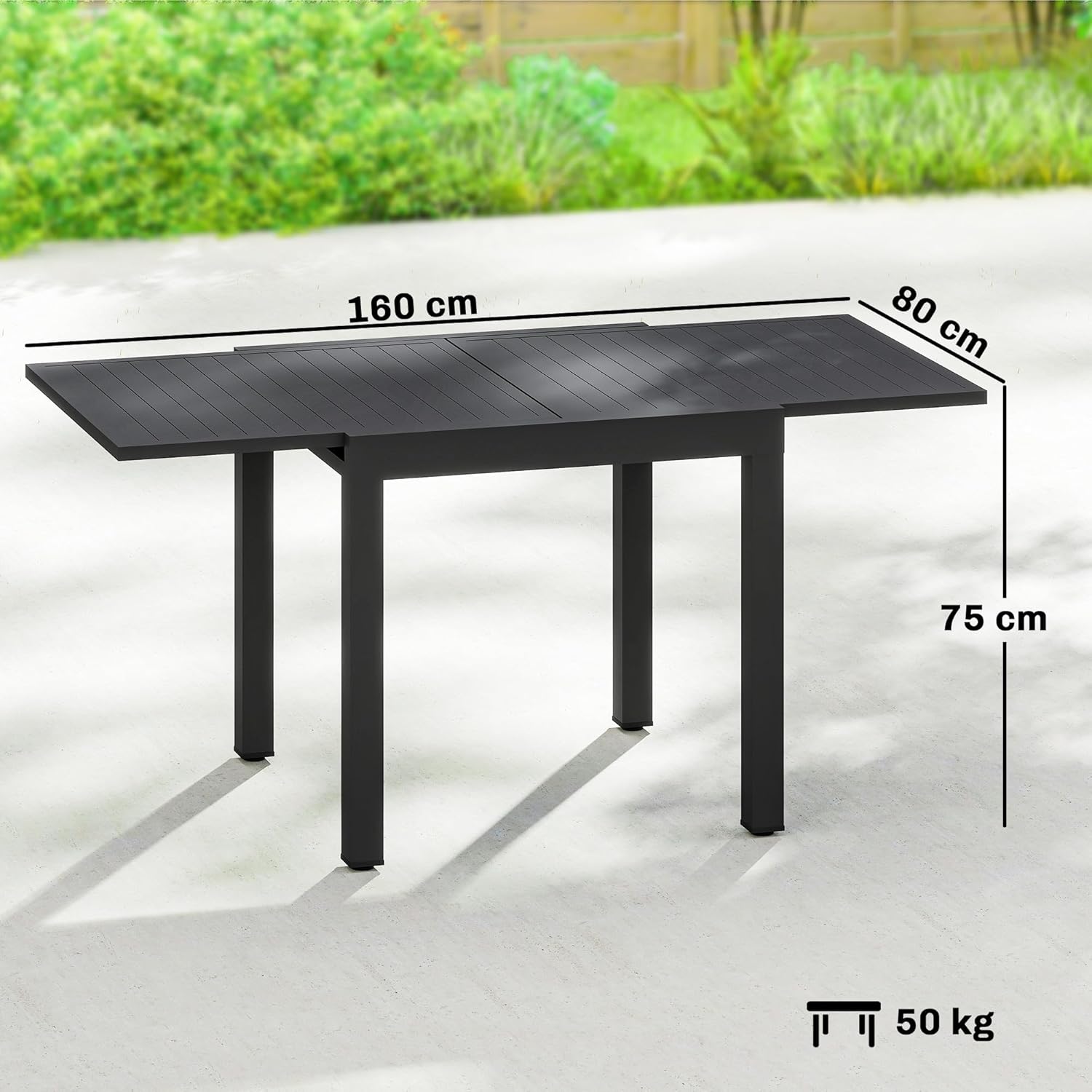 Outsunny Gartentisch Ausziehbarer 80/160 x 80 cm Aluminium Esstisch für 4-6 Personen, Rechteckiger Balkontisch mit Lamellenplatte, Wetterfest Terrassentisch für Garten, Balkon Terrasse Schwarz — Ansicht 3