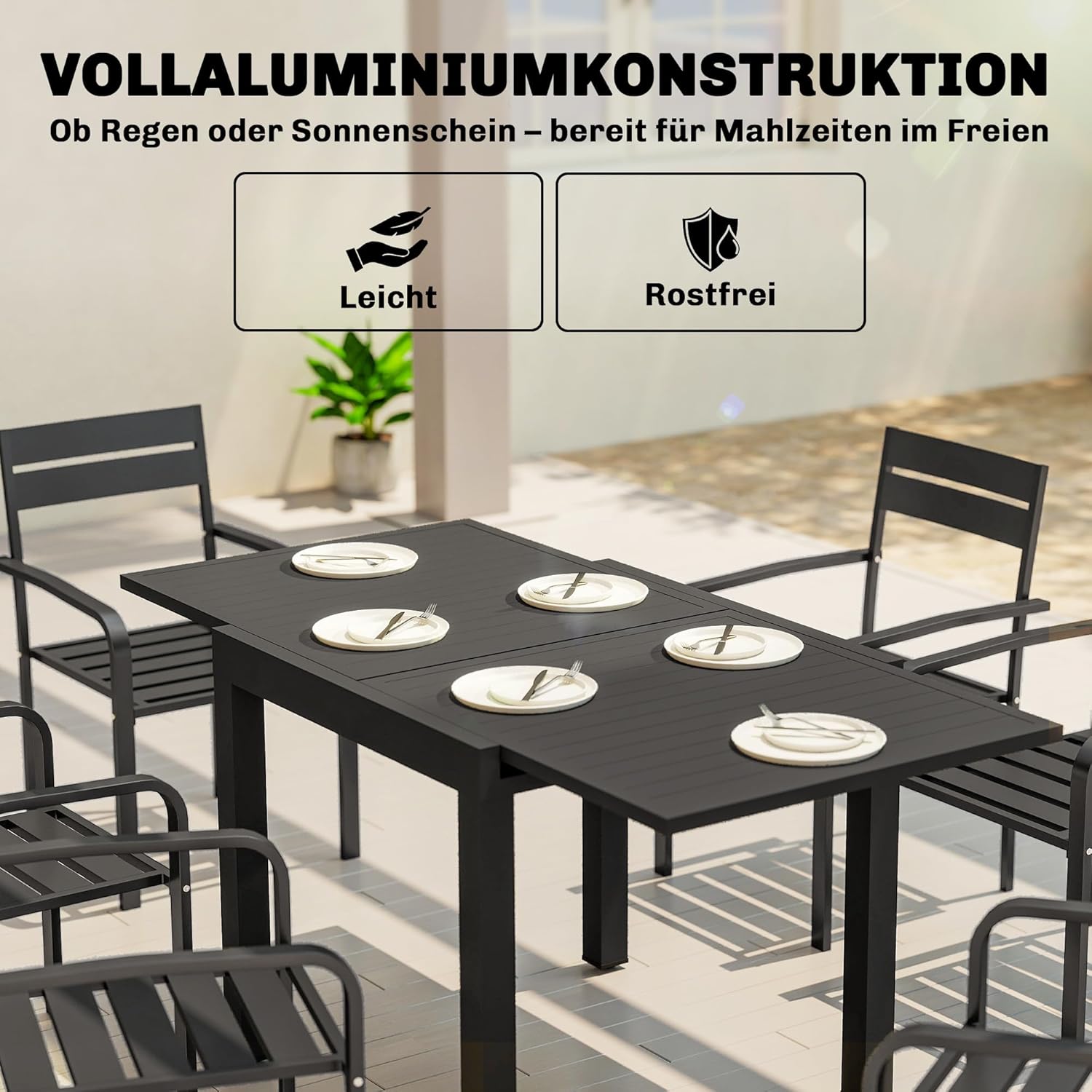Outsunny Gartentisch Ausziehbarer 80/160 x 80 cm Aluminium Esstisch für 4-6 Personen, Rechteckiger Balkontisch mit Lamellenplatte, Wetterfest Terrassentisch für Garten, Balkon Terrasse Schwarz — Ansicht 5