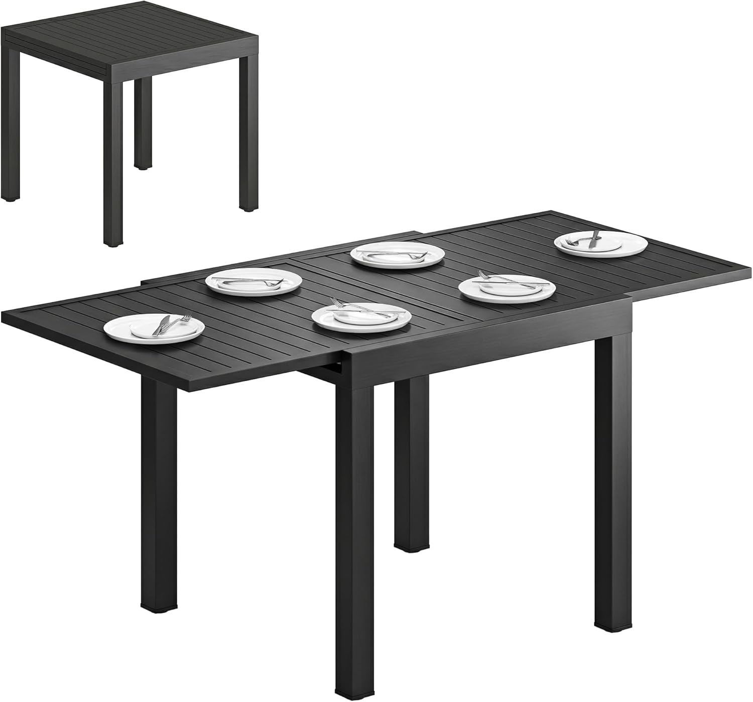 Outsunny Gartentisch Ausziehbarer 80/160 x 80 cm Aluminium Esstisch für 4-6 Personen, Rechteckiger Balkontisch mit Lamellenplatte, Wetterfest Terrassentisch für Garten, Balkon Terrasse Schwarz