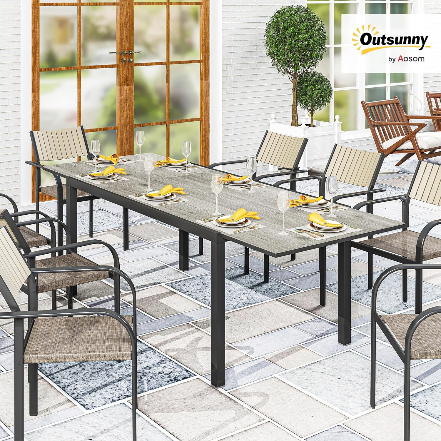 Outsunny Gartentisch Ausziehbarer Esstisch für 6-8 Personen, 160/240 x 90cm Aluminium Balkontisch mit Holzoptik Wetterfest Terrassentisch Outdoor Buffettisch für Garten, Terrasse Balkon Grau — Ansicht 2