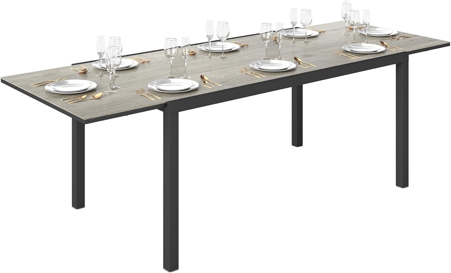 Outsunny Gartentisch Ausziehbarer Esstisch für 6-8 Personen, 160/240 x 90cm Aluminium Balkontisch mit Holzoptik Wetterfest Terrassentisch Outdoor Buffettisch für Garten, Terrasse Balkon Grau