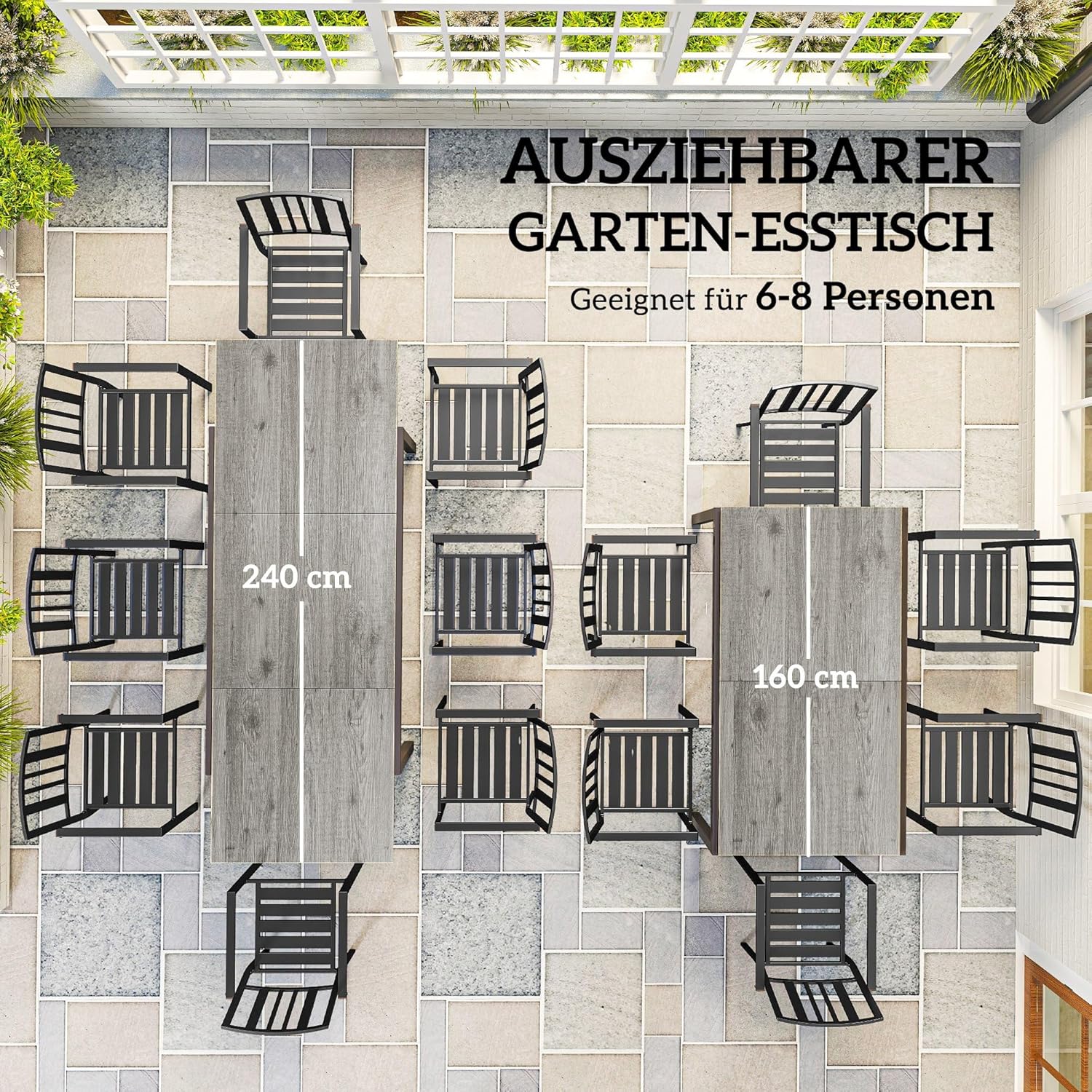 Outsunny Gartentisch Ausziehbarer Esstisch für 6-8 Personen, 160/240 x 90cm Aluminium Balkontisch mit Holzoptik Wetterfest Terrassentisch Outdoor Buffettisch für Garten, Terrasse Balkon Grau — Ansicht 3