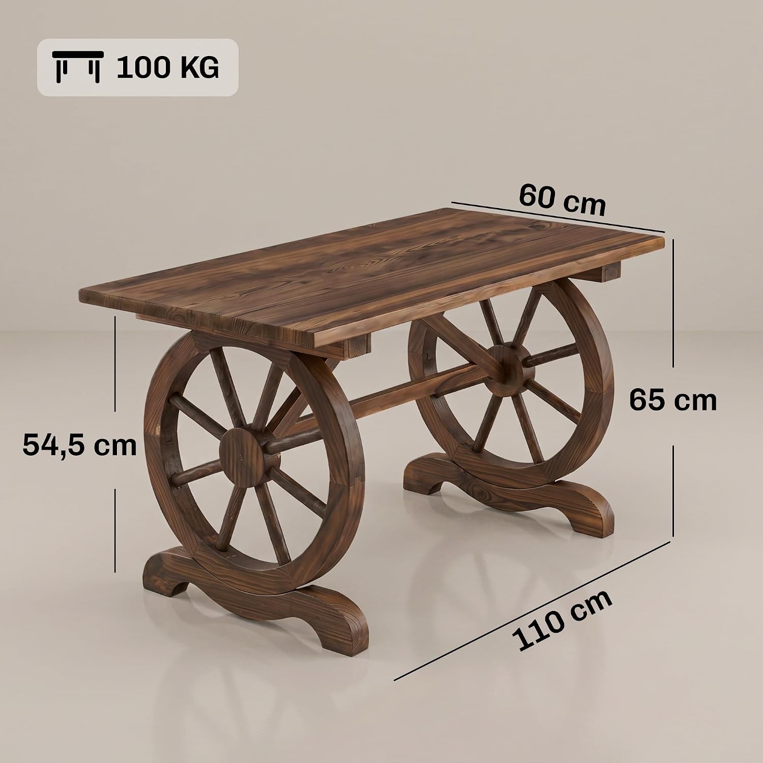 Outsunny Gartentisch, Balkontisch, Holztisch, Räderform, Witterungsbeständig, Massivholz, Natur, 110 x B60 x H65 cm — Ansicht 3