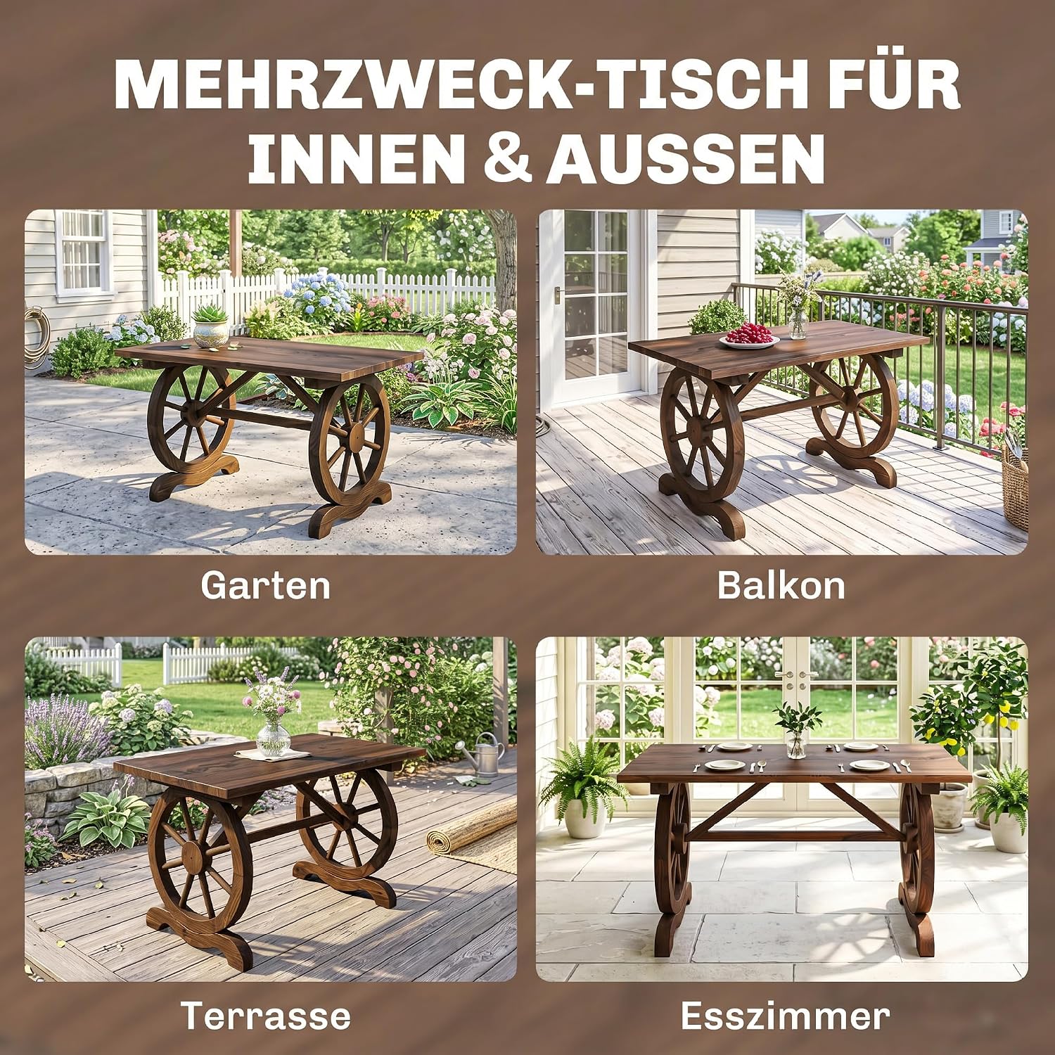 Outsunny Gartentisch, Balkontisch, Holztisch, Räderform, Witterungsbeständig, Massivholz, Natur, 110 x B60 x H65 cm — Ansicht 6
