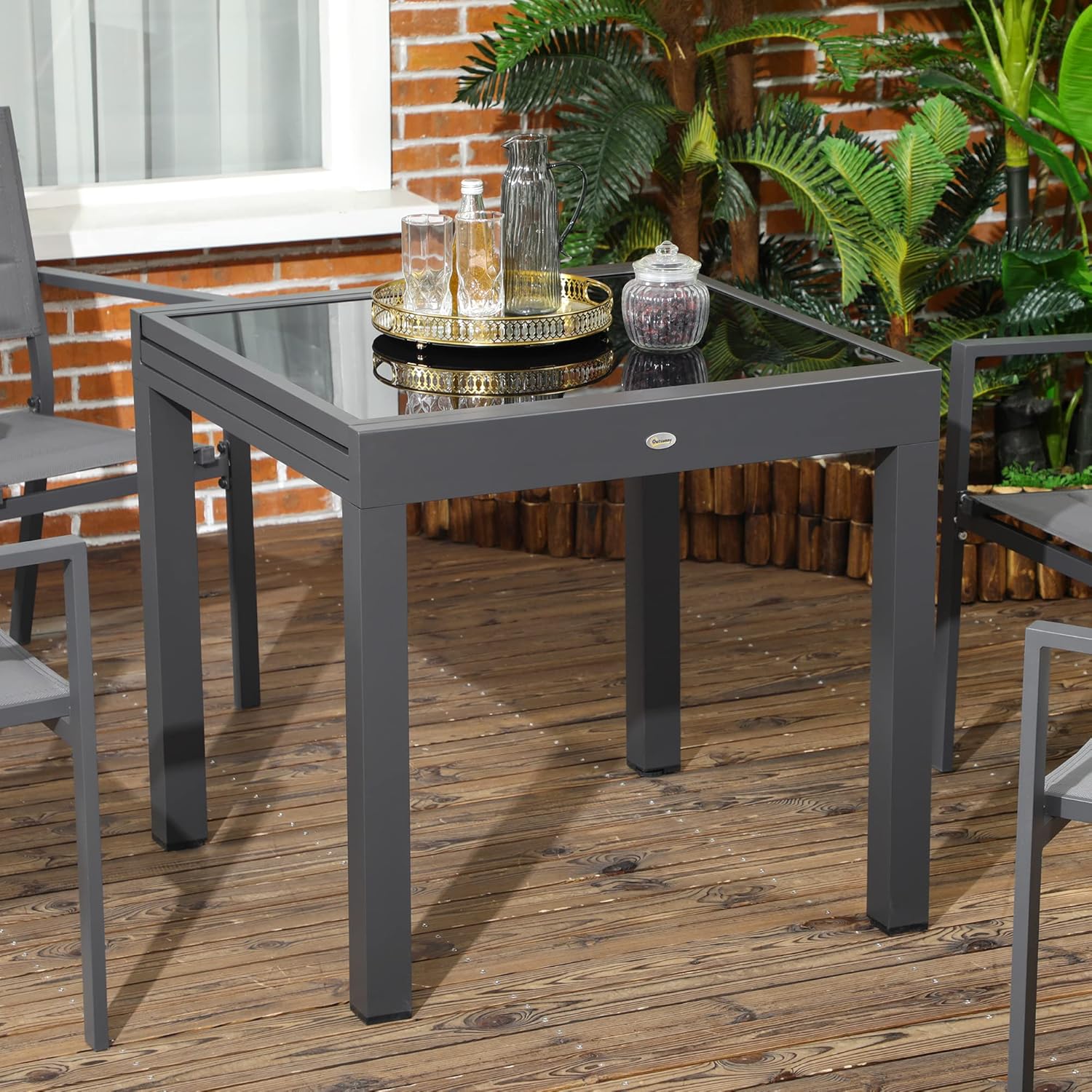 Outsunny Gartentisch, Balkontisch mit Klappbarer Tischplatte, Terrassentisch mit Glas Tischplatte, Esstisch für Garten, 160 x 80 x 75 cm Schwarz — Ansicht 2