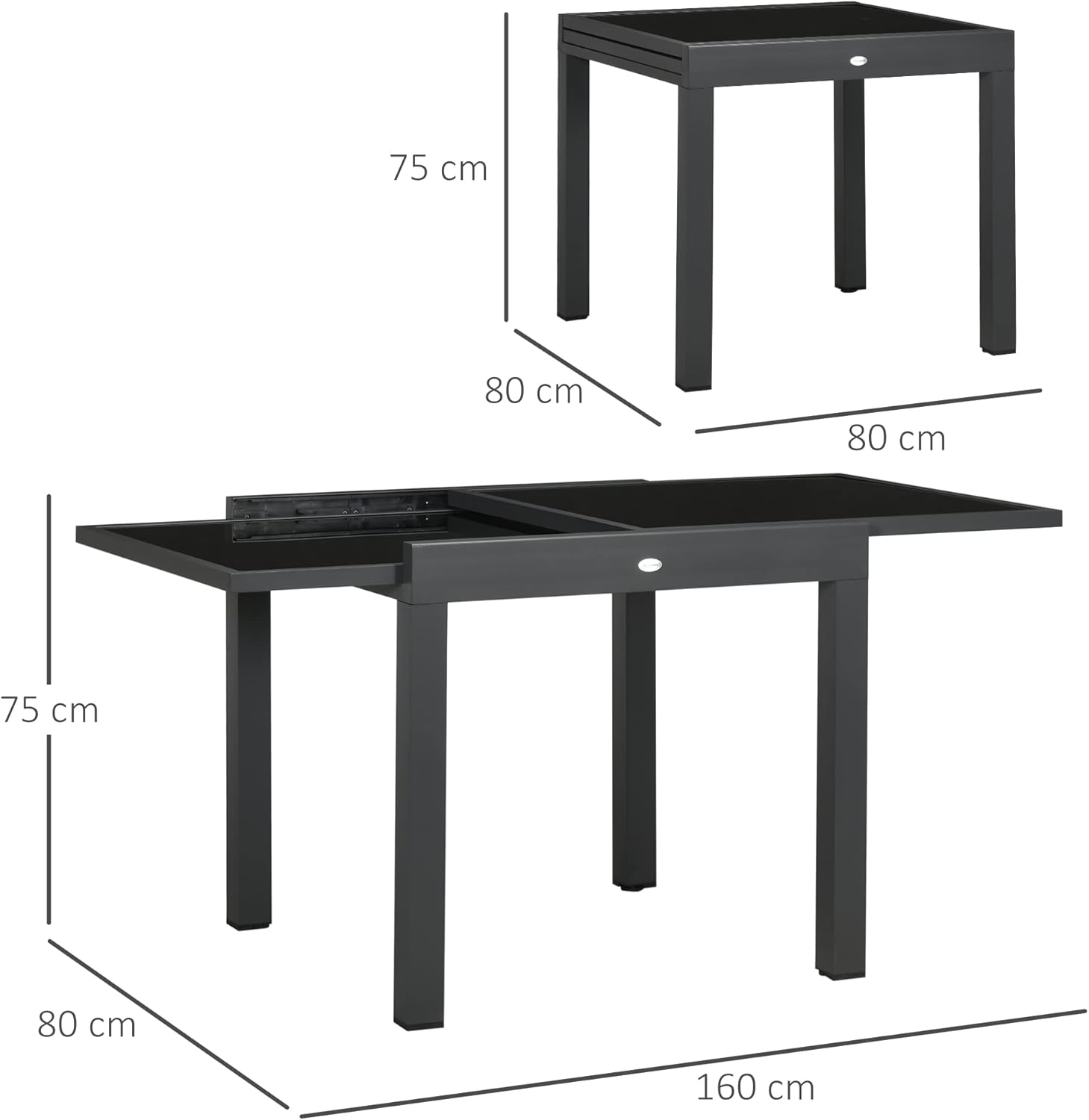 Outsunny Gartentisch, Balkontisch mit Klappbarer Tischplatte, Terrassentisch mit Glas Tischplatte, Esstisch für Garten, 160 x 80 x 75 cm Schwarz — Ansicht 3