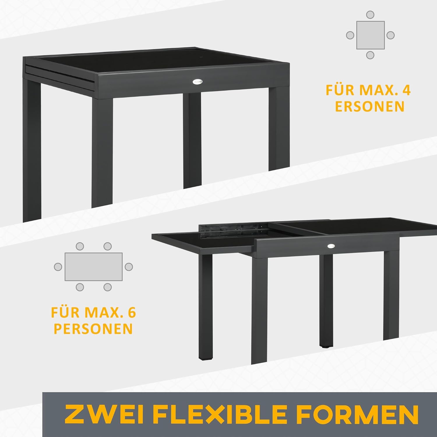 Outsunny Gartentisch, Balkontisch mit Klappbarer Tischplatte, Terrassentisch mit Glas Tischplatte, Esstisch für Garten, 160 x 80 x 75 cm Schwarz — Ansicht 4
