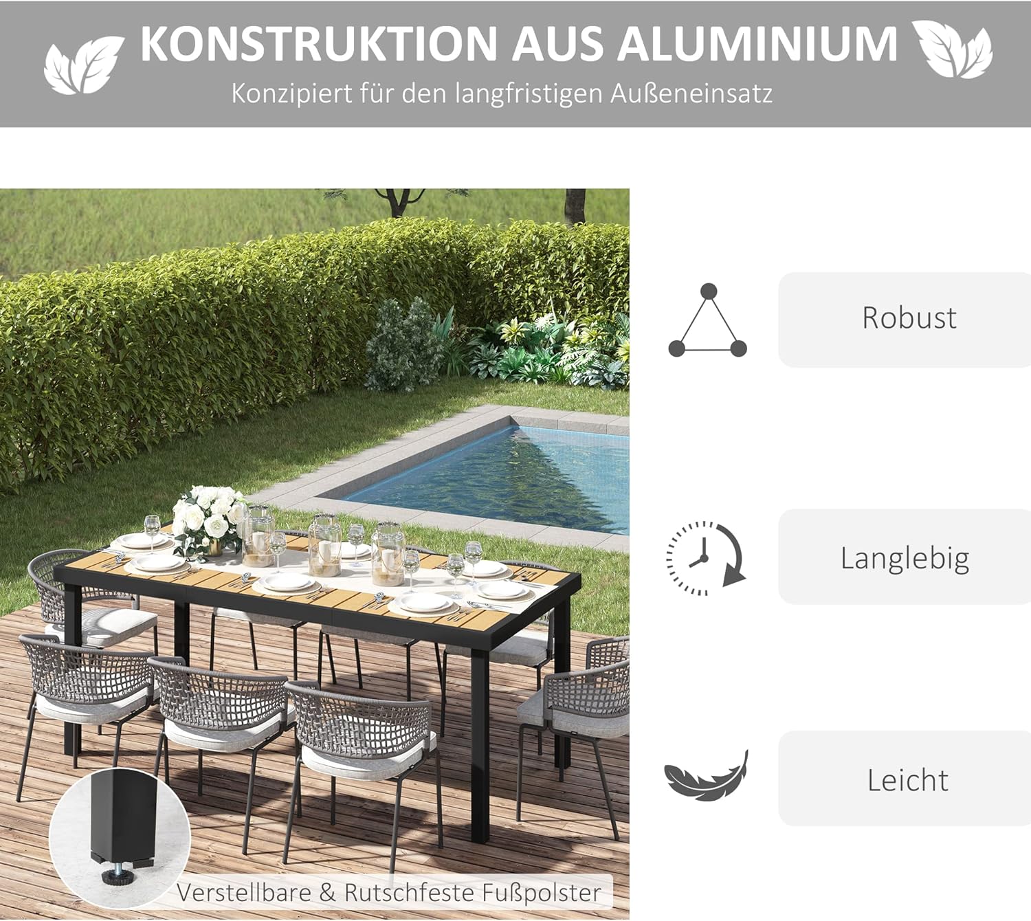 Outsunny Gartentisch für 6 Personen Esstisch Aluminiumtisch Gartenmöbel Loungemöbel pflegeleicht Kunststoff Natur+Schwarz 190 x 90 x 74 cm — Ansicht 5