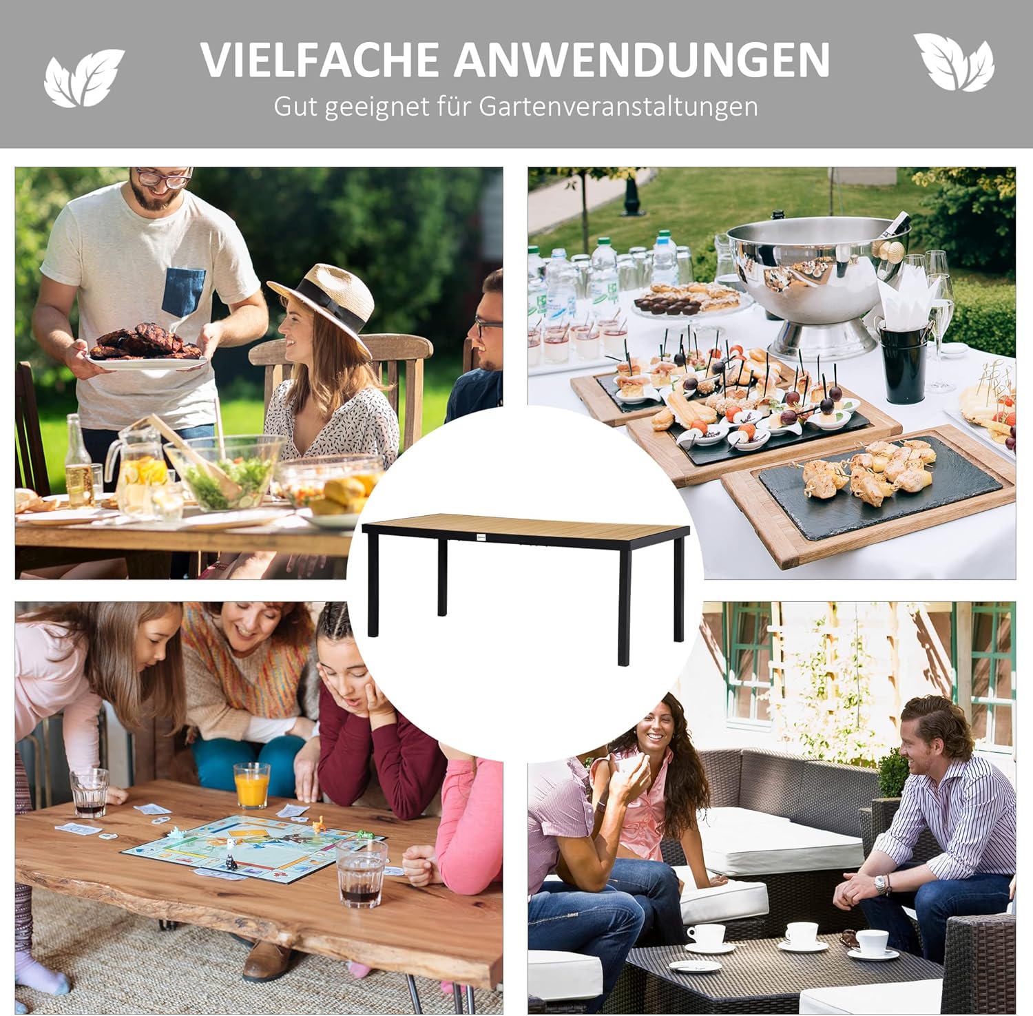 Outsunny Gartentisch für 6 Personen Esstisch Aluminiumtisch Gartenmöbel Loungemöbel pflegeleicht Kunststoff Natur+Schwarz 190 x 90 x 74 cm — Ansicht 6