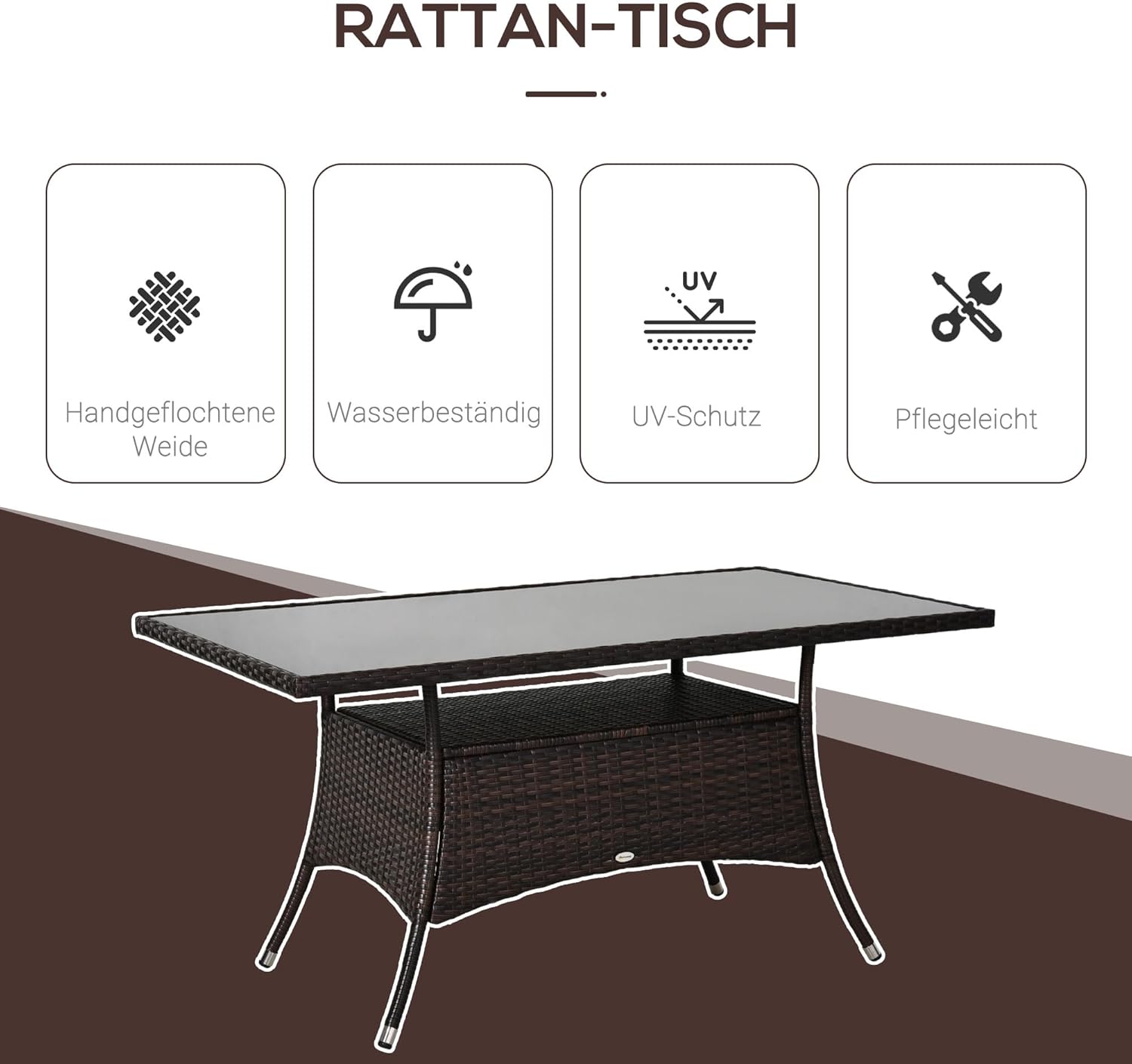 Outsunny Gartentisch Glastisch Esstisch Gartenmöbel Tisch, Polyrattan+Sicherheitsglas, Braun, 150x85x74cm — Ansicht 4