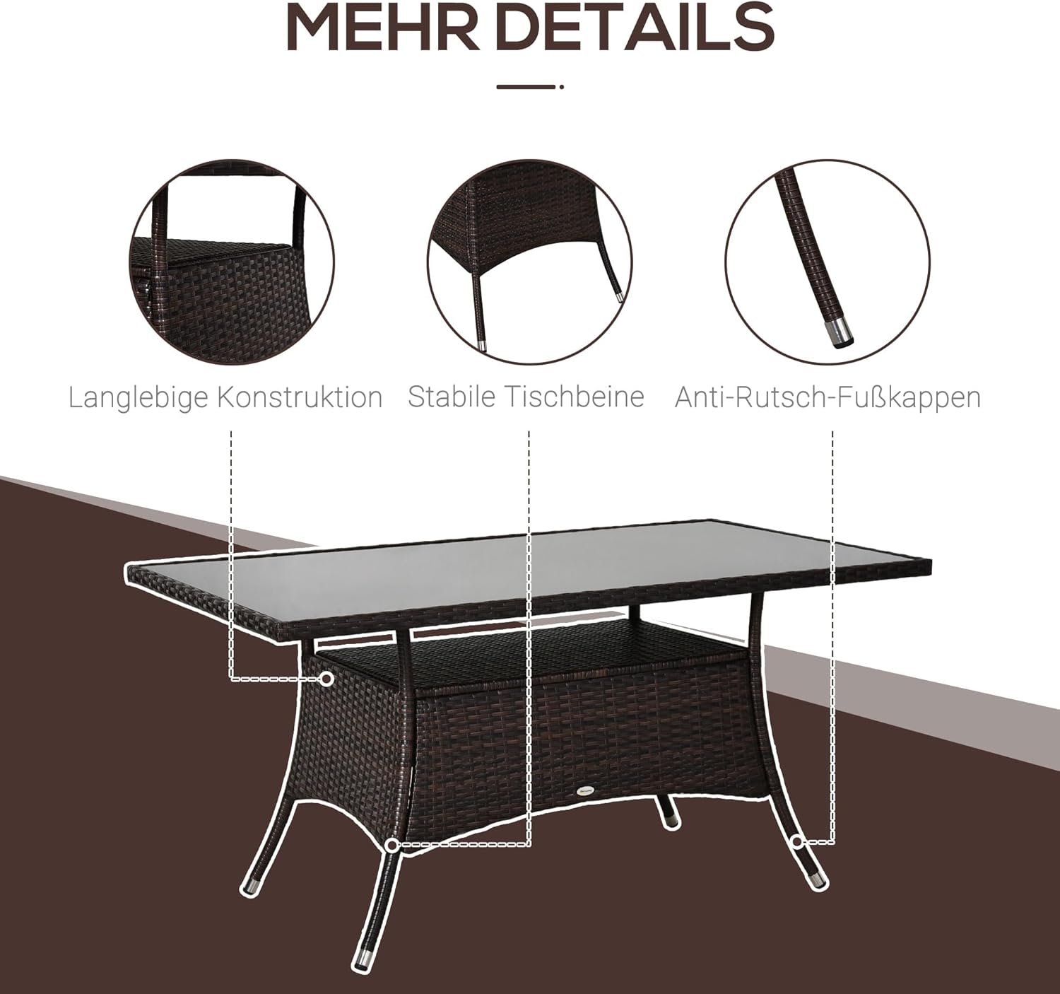 Outsunny Gartentisch Glastisch Esstisch Gartenmöbel Tisch, Polyrattan+Sicherheitsglas, Braun, 150x85x74cm — Ansicht 6