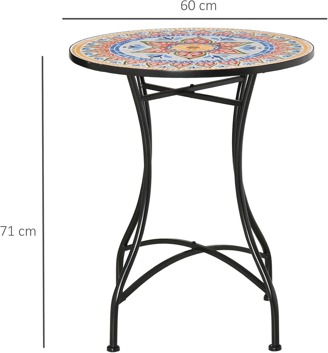Outsunny Gartentisch Ø60 cm, Wetterfest Balkontisch aus Metall, Esstisch Outdoor, Campingtisch Beistelltisch, rund Terrassentisch für Garten Terrasse Balkon Rot+Blau+Weiß — Ansicht 3