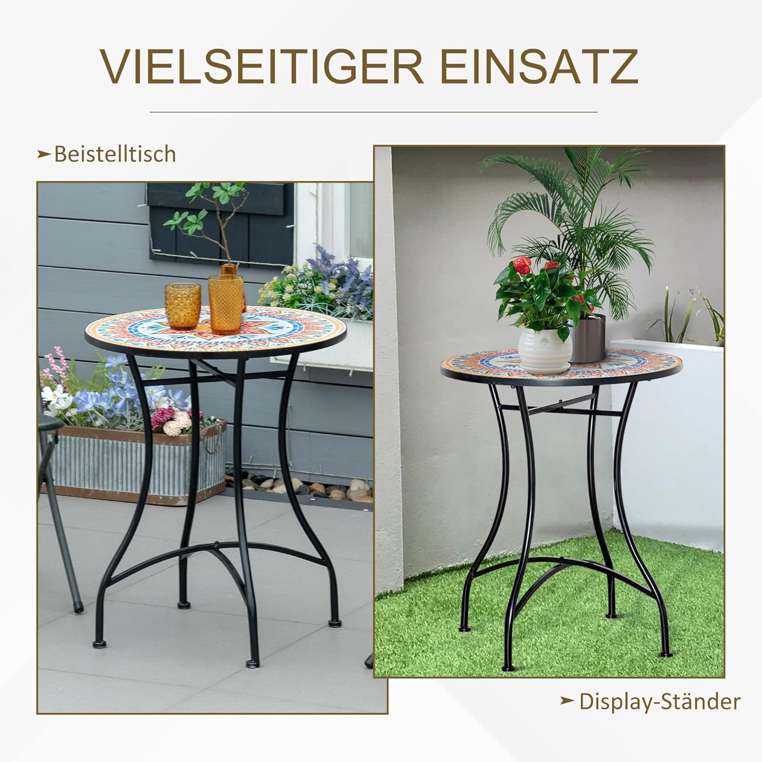 Outsunny Gartentisch Ø60 cm, Wetterfest Balkontisch aus Metall, Esstisch Outdoor, Campingtisch Beistelltisch, rund Terrassentisch für Garten Terrasse Balkon Rot+Blau+Weiß — Ansicht 5