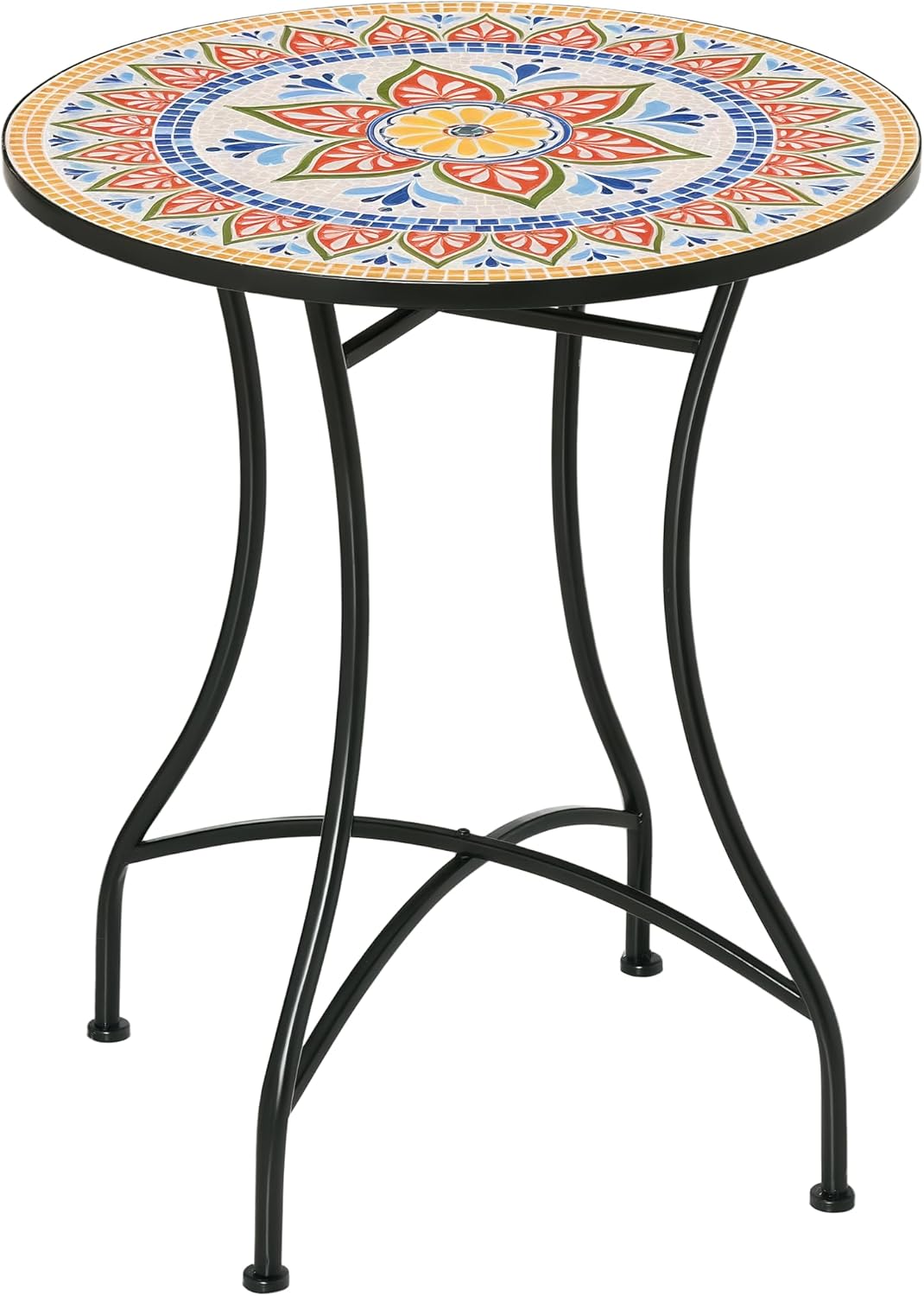 Outsunny Gartentisch Ø60 cm, Wetterfest Balkontisch aus Metall, Esstisch Outdoor, Campingtisch Beistelltisch, rund Terrassentisch für Garten Terrasse Balkon Rot+Blau+Weiß