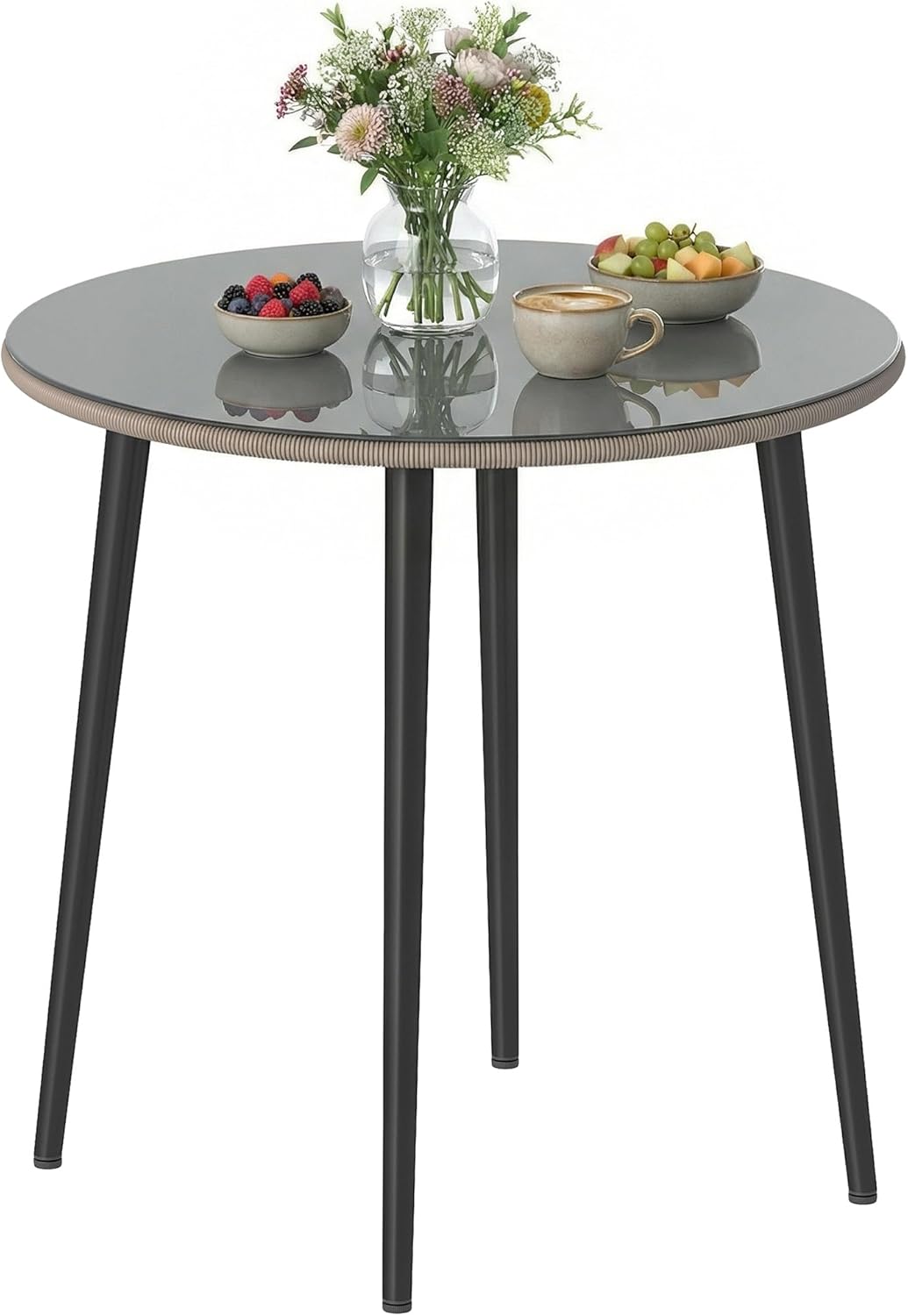 Outsunny Gartentisch Stahl 80 x 80 x 74 cm Buffettisch mit Stahlrahmen, PE-Rattan-Rand, verstellbaren Füßen, 4 Personen Campingtisch Balkontisch Outdoor Esstisch für Garten, Terrasse, Balkon, Grau