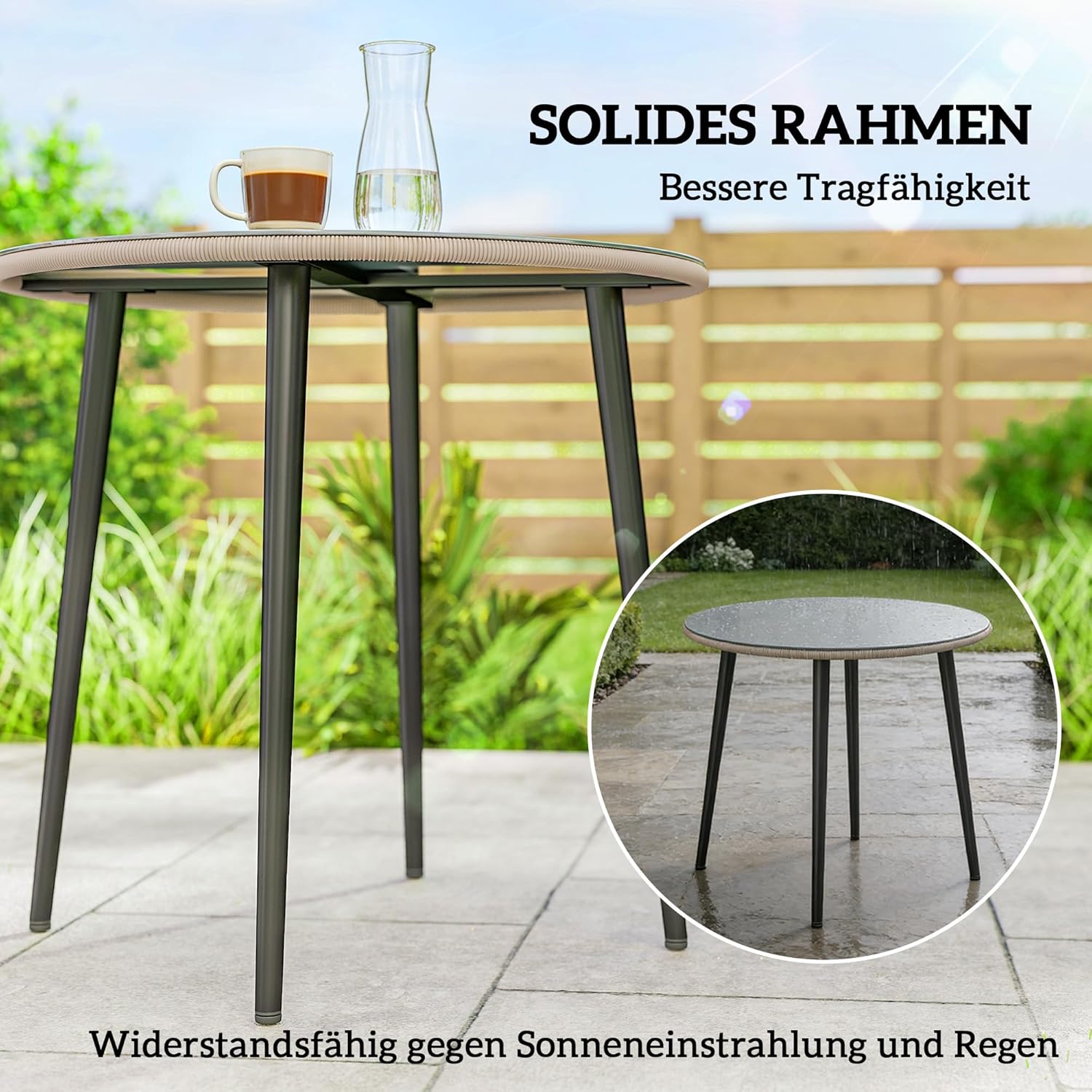Outsunny Gartentisch Stahl 80 x 80 x 74 cm Buffettisch mit Stahlrahmen, PE-Rattan-Rand, verstellbaren Füßen, 4 Personen Campingtisch Balkontisch Outdoor Esstisch für Garten, Terrasse, Balkon, Grau — Ansicht 5