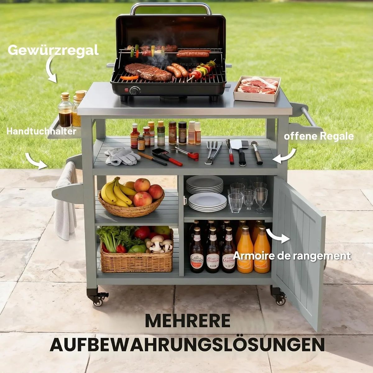 Gartenwagen Grillwagen auf Rollen Kücheninsel aus Holz… — Ansicht 4