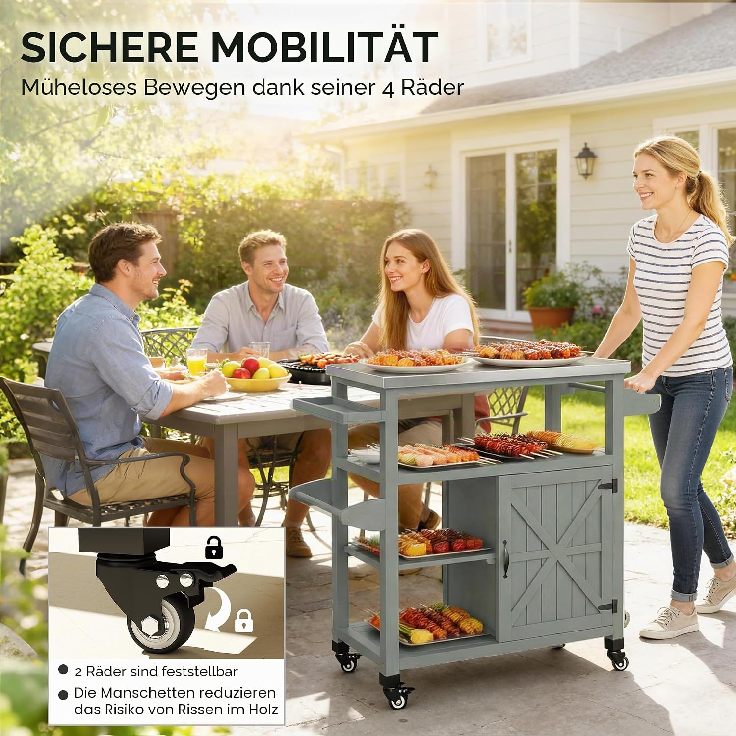 Outsunny Gartenwagen Grillwagen auf Rollen Kücheninsel aus Holz Edelstahlplatte Schrank offene Regale Gewürzhalter Handtuchhalter Flaschenöffner 107 x 49,5 x 92,5 cm grau — Ansicht 6