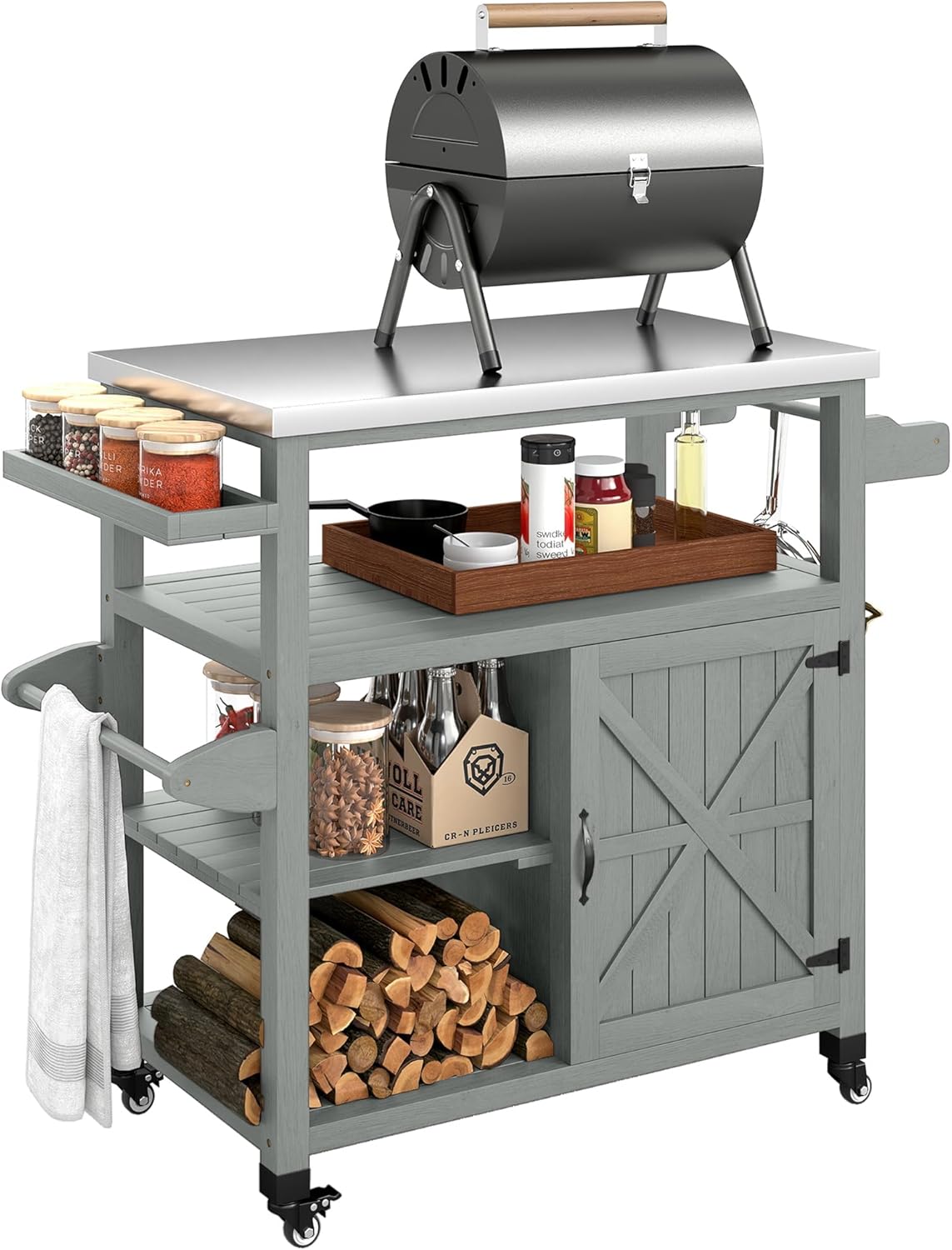 Outsunny Gartenwagen Grillwagen auf Rollen Kücheninsel aus Holz Edelstahlplatte Schrank offene Regale Gewürzhalter Handtuchhalter Flaschenöffner 107 x 49,5 x 92,5 cm grau