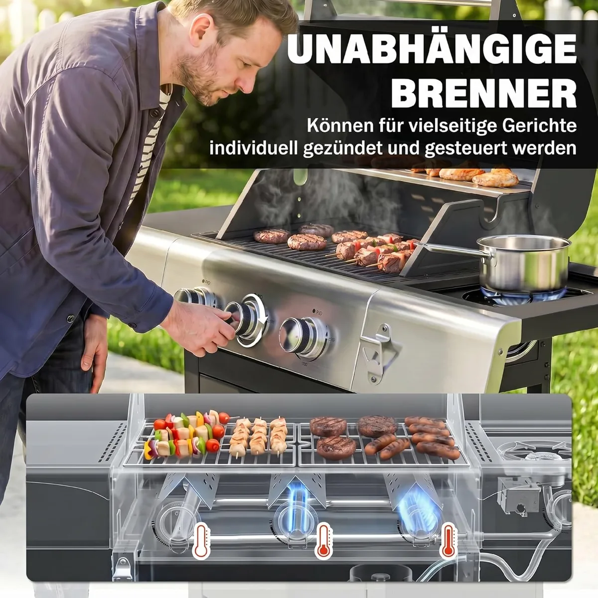 Gasgrill 10,5 KW 3+1 Brenner BBQ Grillwagen Edelstahl… — Ansicht 4