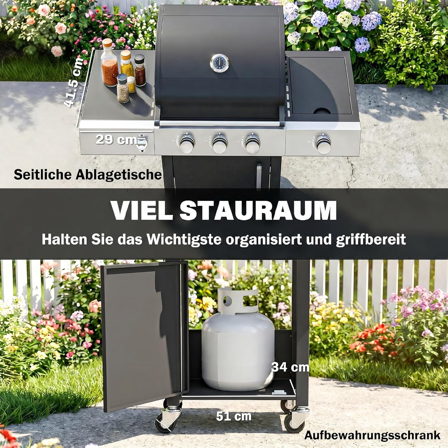 Outsunny Gasgrill 10,5 KW 3+1 Brenner BBQ Grillwagen Edelstahl inkl Seitenbrenner Flaschenöffner Thermometer Gusseisen-Grillrost Warmhalterost Rolle Seitentisch Unterschrank Gas-Grill für Balkon Party — Ansicht 5