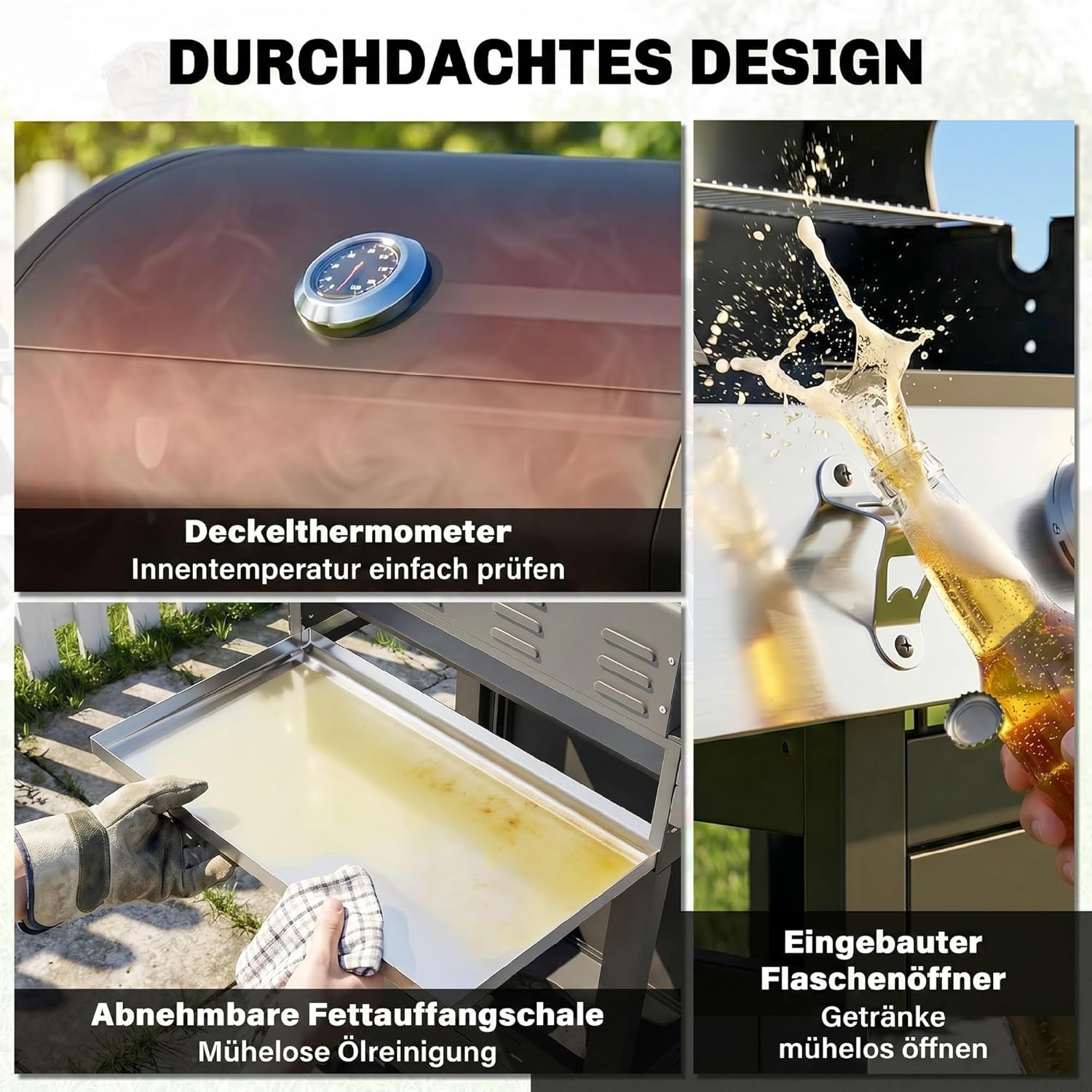 Outsunny Gasgrill 10,5 KW 3+1 Brenner BBQ Grillwagen Edelstahl inkl Seitenbrenner Flaschenöffner Thermometer Gusseisen-Grillrost Warmhalterost Rolle Seitentisch Unterschrank Gas-Grill für Balkon Party — Ansicht 6