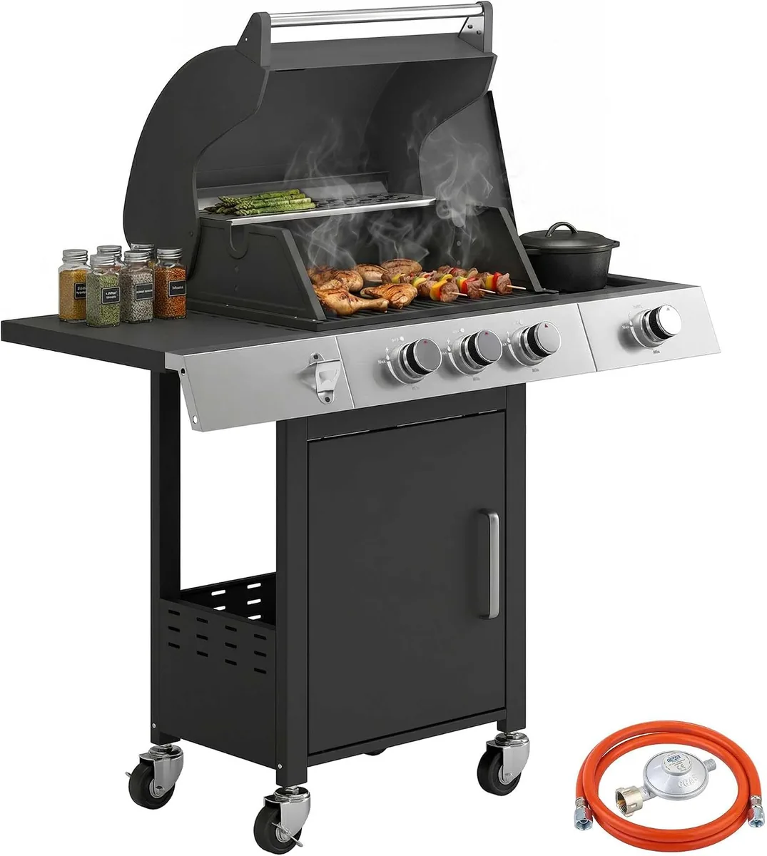 Gasgrill 10,5 KW 3+1 Brenner BBQ Grillwagen Edelstahl…